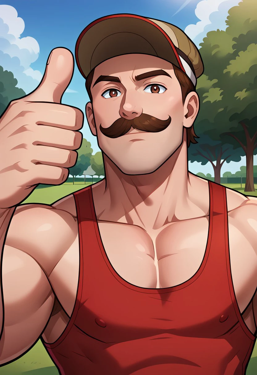 park neighborhood, park background, day, day time, 2d, 1male, masterpiece, best quality, extreme detail, brown hair, pale-skinned male, mustache, red tank top, sleeveless, thumbs up, brown eyes, visor hat,
close up, upper body, blank expression, looking at viewer