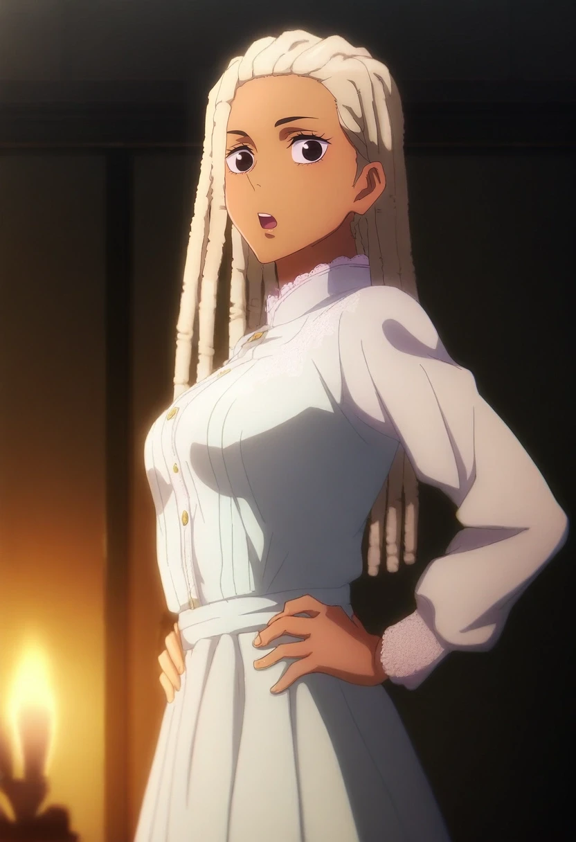 masterpiece, best quality, anime screencap, , looking at viewer, depth of field, 1girl, black eyes, platinum blonde hair, dreadlocks, , french costume, solo, from side, cold, ice, indoors, light, hands on hips, open mouth, <lora:jujutsu_kaisen_style_ilxl:1.02>, jujutsu_kaisen_style,