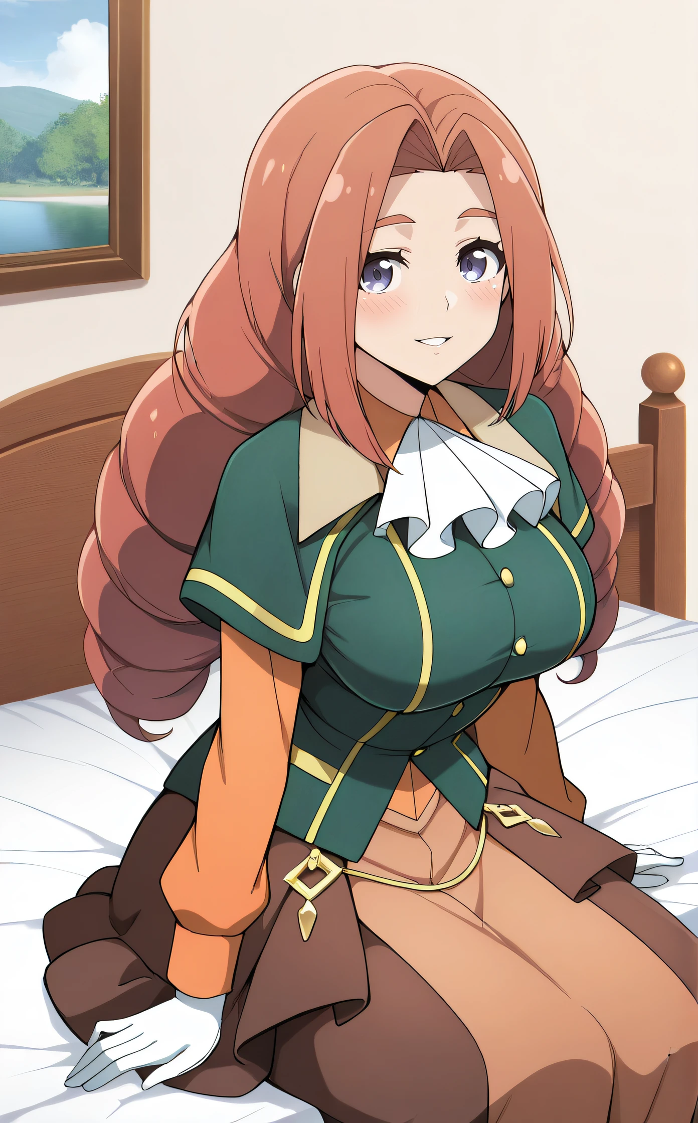 masterpiece, best quality, highres, newest, scenary, 1girl, solo, official style, <lora:IL_Sheila_Ibarss:1>, sheila, large breasts, long dress, green jacket, orange sleeves, white gloves, layered skirt, brown skirt on sides, smile, indoor, smile, sitting on bed, arms at sides, looking at viewer, blush, smile, parted lips, frontal view