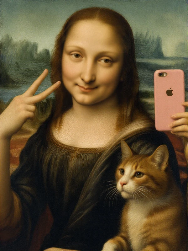 <lora:Renaissance Style:0.9> renaissance style painting of a woman marking a peace sign while taking a selfie with an iphone and a cat