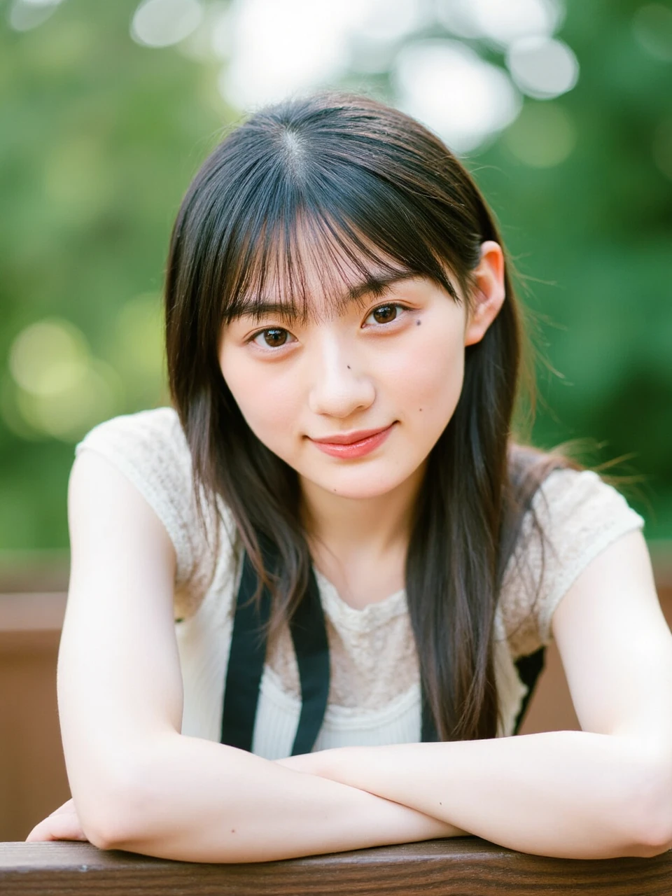 The image is a close-up portrait of a young woman named sakutan wearing a black strap around her neck. She is leaning against a wooden railing and is looking directly at the camera with a slight smile on her face. The background is blurred, but it appears to be an outdoor setting with trees and greenery. The woman's hair is styled in loose waves and she is wearing minimal makeup, and bangs. The overall mood of the image is relaxed and casual.