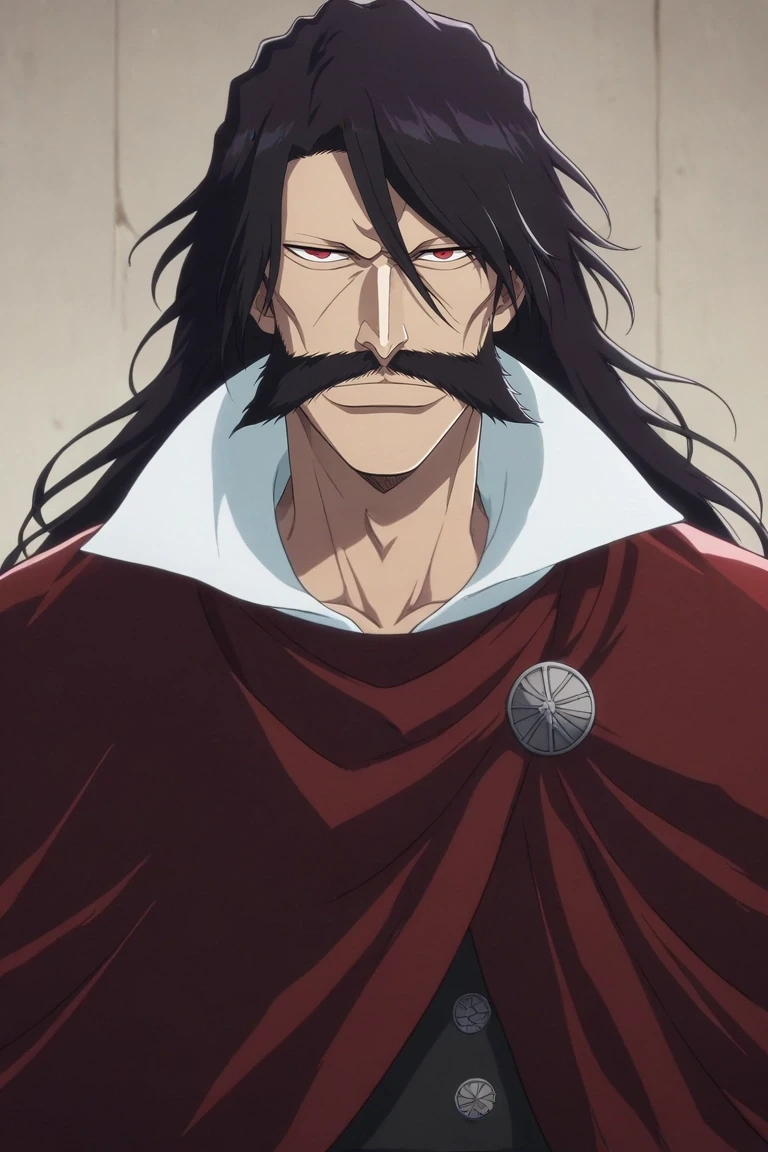 score_9, score_8_up, score_7_up, , rating_safe, , anime screencap, , official style, looking at viewer, , 1boy, solo, male focus, <lora:yhwach_bleach_pony:0.92>, yhwach_bleach, black hair, red eyes, facial hair, long hair, mustache, beard, cape, , zombie hunter costume, <lora:sdxl_lightning_8step_lora:1>