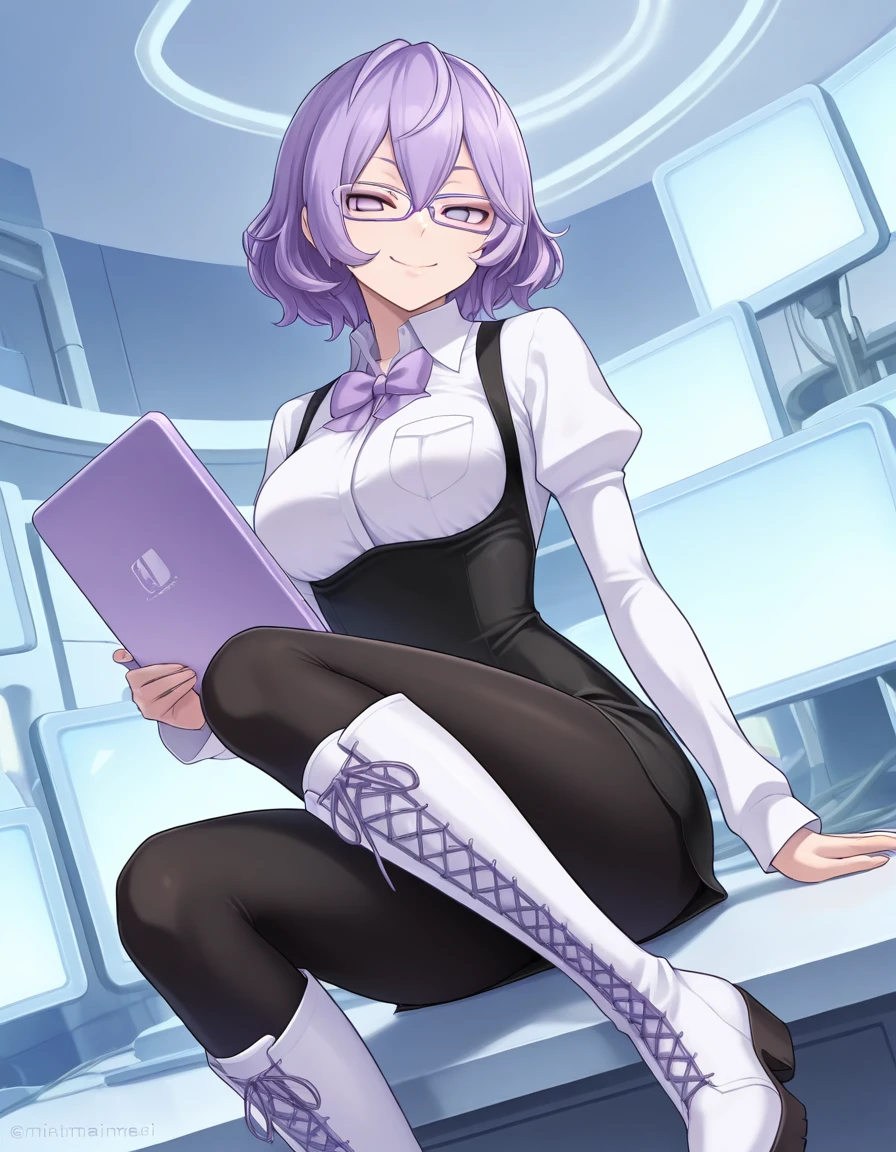 masterpiece, best quality, 1girl, <lora:Mirei_Mikagura_IL_v2:0.8>, mikaguramirei, medium hair, purple hair, purple eyes, no pupils, glasses, purple glasses, bow, layered clothes, white shirt, long sleeves, black dress, short dress, black leggings, knee boots, lace-up boots, white boots, computer, holding computer, looking at viewer, smile, sitting, room