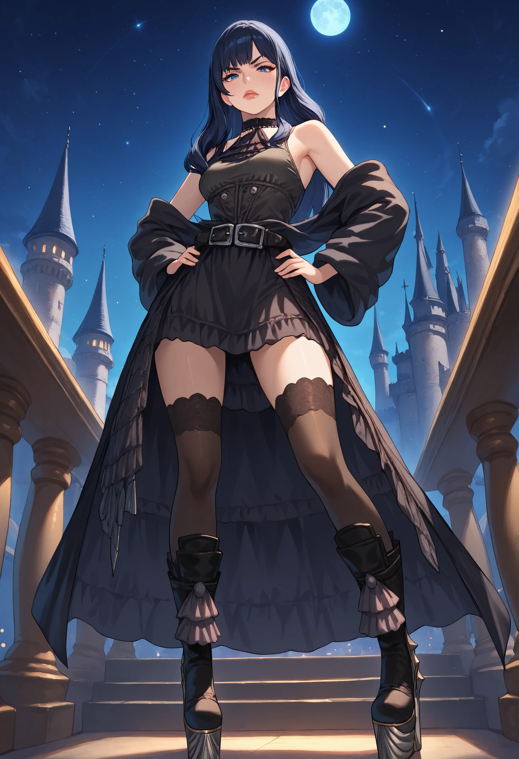 masterpiece, best quality, full body, 1girl, starry sky, full moon, looking down, standing, looking at viewer, glaring, hands on own hips, leaning forward, from below, castle, balcony, 
gaia_xiv, blue eyes, lips, black hair, black dress, boots, choker, belt, black thighhighs, bare shoulders, off shoulder, detached sleeves, platform footwear,   <lora:Gaia_IL:1>