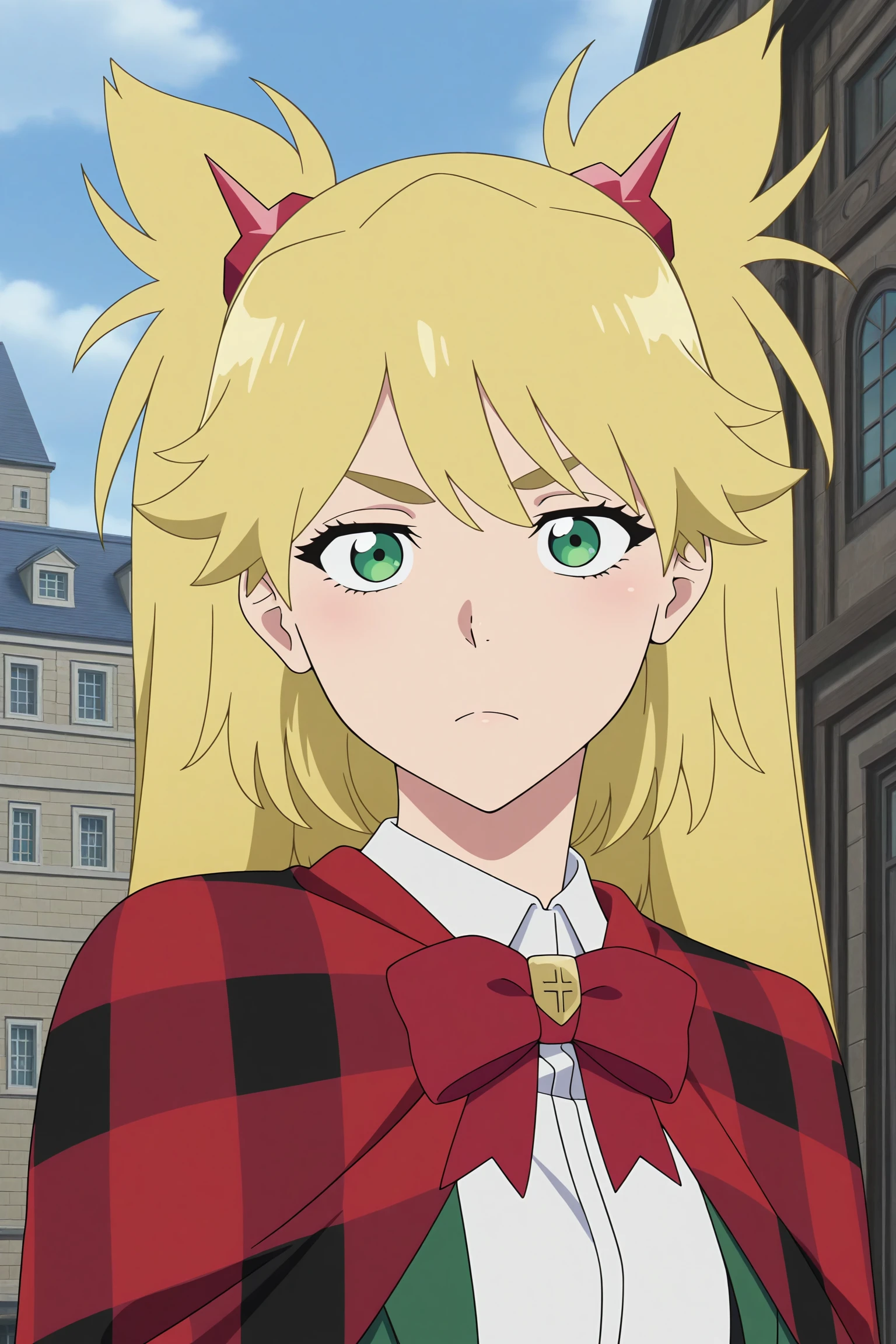 masterpiece, best quality, amazing quality, highres, absurdres, very aesthetic, high resolution, ultra detailed, perfect details, 1girl, looking at viewer, outdoors, european architecture, ninny spangcole, blonde hair, long hair, two side up, hair ornament, green eyes, green jacket, open jacket, white shirt, collared shirt, red bowtie, red capelet, plaid capelet, suspenders, black shorts, short shorts, white thigh holster, black footwear, thigh boots, <lora:Ninny_Spangcole_ILXL:0.8>, (aged up:1.2), (portrait:1.8), (day:1.3), anime coloring, (anime screencap:1.5)