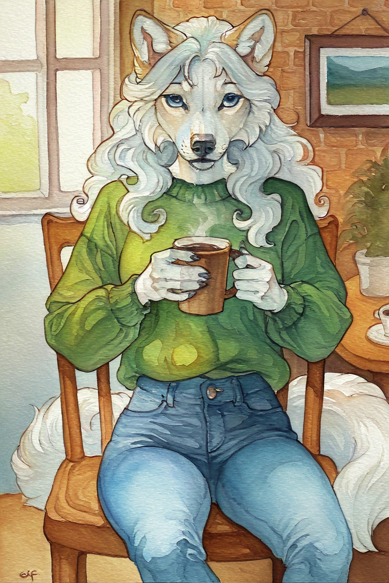 masterpiece, best quality, highres, newest, traditional media, realistic, watercolor \(medium\), anthro, furry, wolf, white fur, long hair, white hair, blue eyes, green sweater, long sleeves, blue jeans, holding cup, coffee cup, 1girl, solo, looking at viewer, cowboy shot, sitting, on chair, indoors, cafe <lora:OIS - Gold Fish [LoRA] - NoobAI-XL EPS 1.0:0.8>