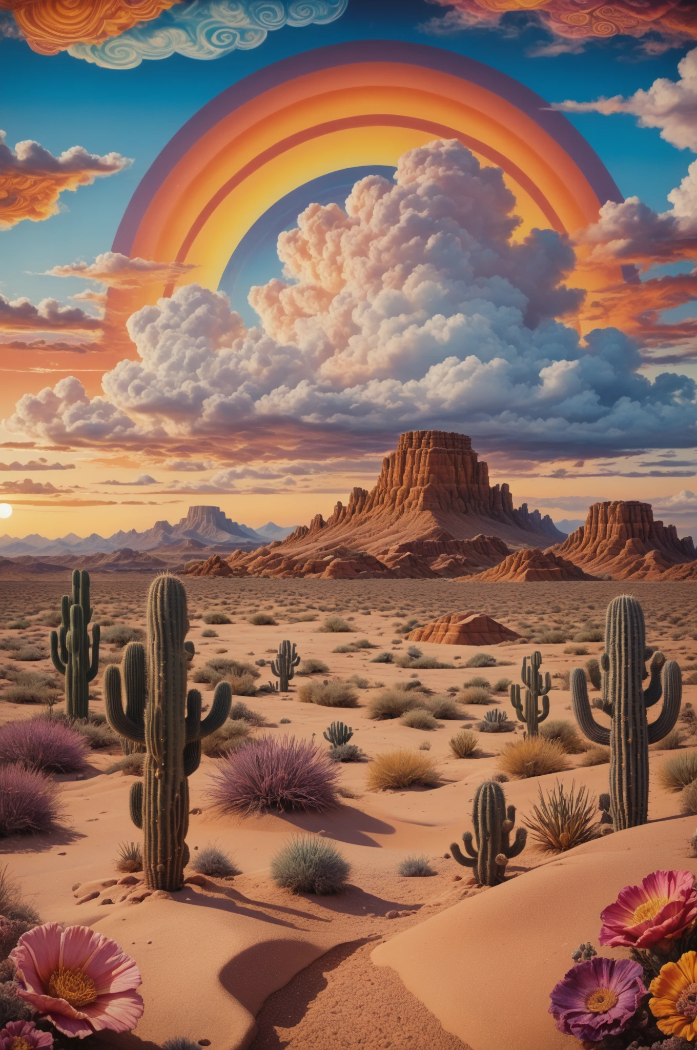 score_9, score_8_up, score_7_up, photo of <lora:psychedelic.landscape.PDXL_epoch_8:1>psychedelic landscape, outdoors, colorful sky, sunrise, sun, clouds, flowers, mountains, desert, cactus, sand, photo background, source_photo, ultra-detailed, (analog film grain), high quality, Fujifilm XT3