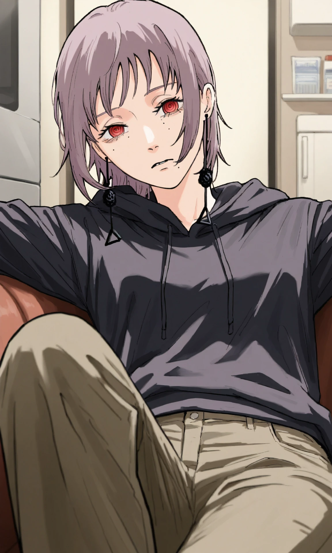 fami \(chainsaw man\), 1girl, short hair, red eyes, purple hair, tassel earrings, ringed eyes, goodearrings, hoodie, trousers, casual, oversied clothes, sofa, reclining, spread arms, head tilt, hallway, kitchen, refrigerator, looking at viewer, (skinny:0.7), (masterpiece, best quality, very awa:1.0), recent, year 2024