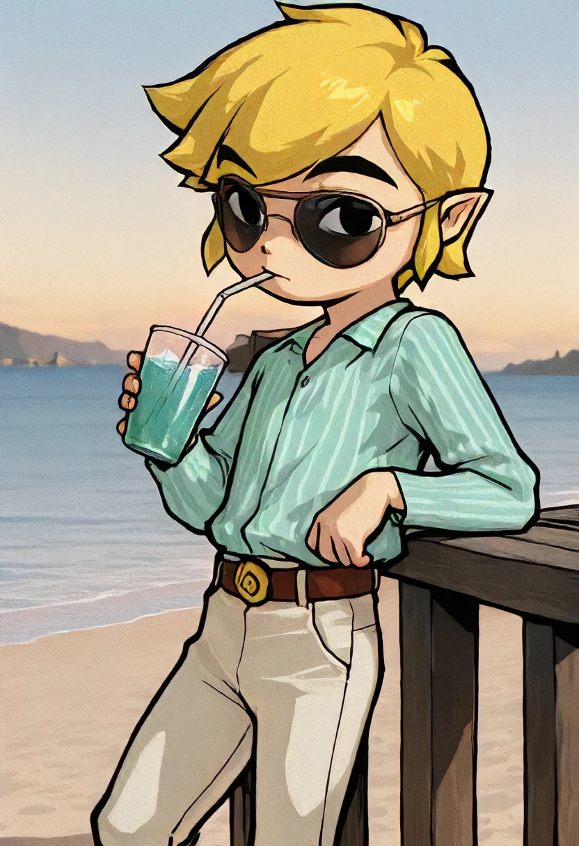 masterpiece, best quality, amazing quality, very aesthetic, absurdres, newest, scenery, WindWakerStyle, 1boy, solo, , toon link, holding and drinking a cold drink, drinking straw, leaning on dock, tired eyes, looking at viewer, aviator sunglasses, stylish collared shirt, striped aqua shirt, vertical stripes, tucked shirt, baggy shirt, puffy sleeves, belt, (high waist beige pants:1.3), beach port background, detailed background, nmasterpiece, best quality, amazing quality, very aesthetic, absurdres, newest, scenery,