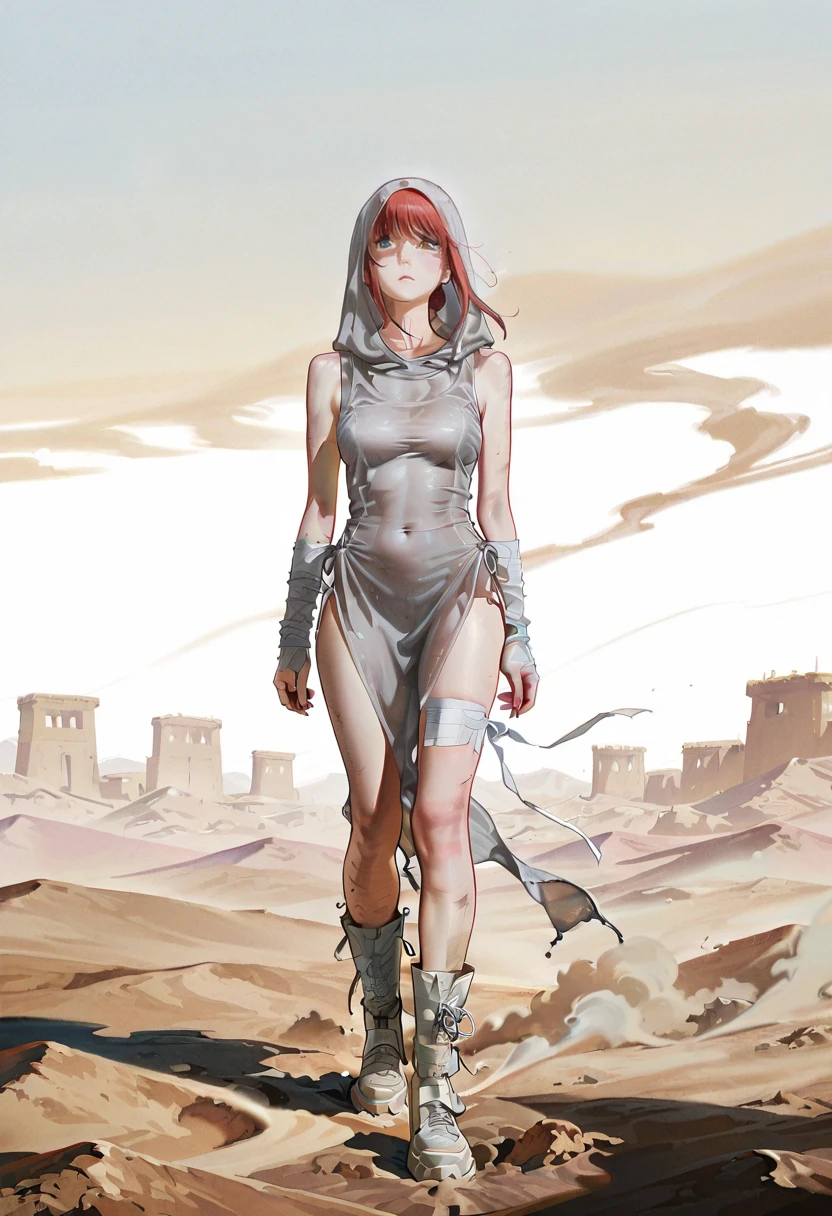 1girl,solo,looking at viewer,ikeda ruriko, desert,tr dress, see-through, hood, hood up, boots, white footwear, bandages, makima_(chainsaw_man), dust storm