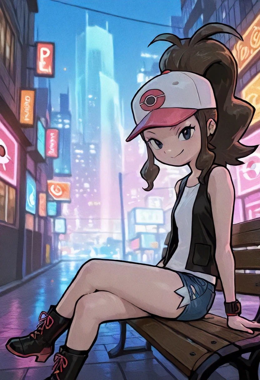 masterpiece, best quality, amazing quality, very aesthetic, absurdres, newest, scenery WindWakerStyle, 1girl, Hilda (pokemon), sitting on a bench in a neon-lit city, crossing legs, hat, boots, high ponytail, smug eyes, smug smile, looking at viewer, city background, detailed background