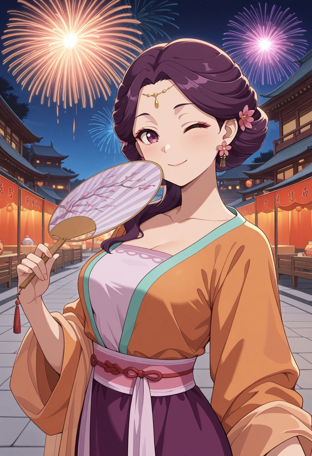 masterpiece, best quality, amazing quality, very aesthetic, intricate details, highly detailed background,<BREAK> 1girl, solo,
<lora:Yinghua_The_Apothecary_Diaries_IL_V1:1>, KJOyinghua, purple hair, purple eyes, hair flower, updo, earrings, hair over shoulder, yellow forehead jewelry,
orange hanfu, purple dress, pink sash,
holding fan, smile, open fan, one eye closed,
festival, outdoors, east asian architecture, night, fireworks,
(Beautiful, medium Breasts:1.2), mature female,