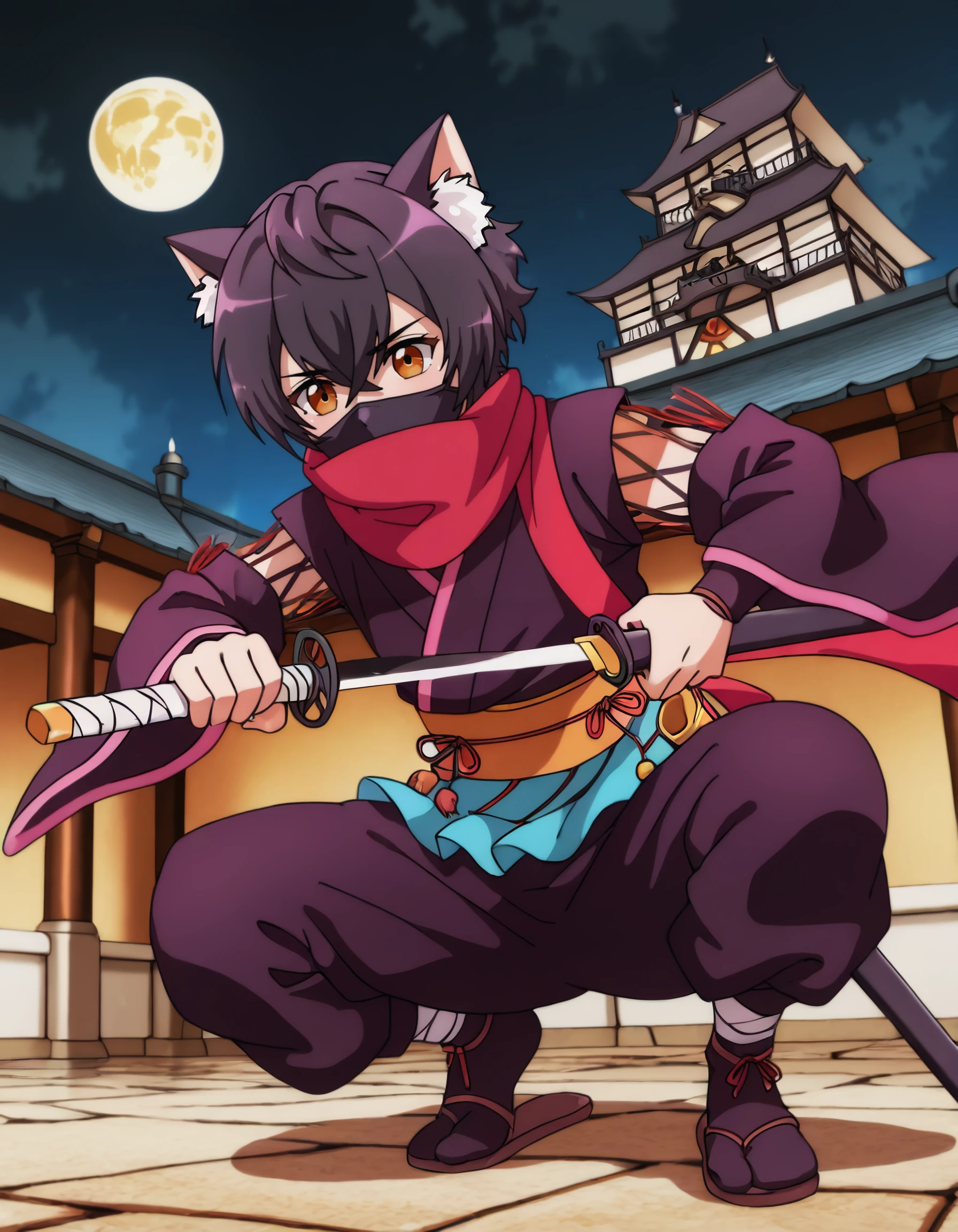 <lora:origa_calmeria_il:1> origa_calmeria, short_hair, black_hair, cat_ears, animal_ear_fluff, hair_between_eyes, brown_eyes, orange_eyes, japanese_clothes, red_scarf, kimono, sash, 1boy, anniversary, architecture, black_mask, east_asian_architecture, full_moon, holding, holding_sword, holding_weapon, katana, mask, moon, mouth_mask, night, ninja, ninja_mask, sandals, sheath, solo, squatting, sword, unsheathing, weapon, bald, kourindou, floating_castle, yellow_theme, masterpiece, detailed, best_quality