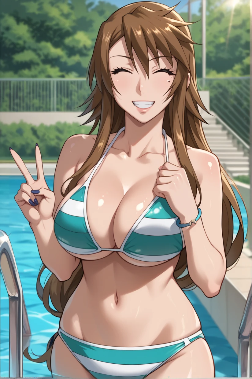 <lora:KanakoSumiyoshi-09:1> KanakoSumiyoshi, long hair, brown hair, huge breasts, nail polish, blue nails, mole under eye, curvy, backlighting, KSBikini, swimsuit, bikini, striped bikini, striped, cleavage, navel, bracelet, jewelry, underboob, low-tied long hair, happy, outdoors, pool, looking at viewer, standing, grin, closed eyes, v,, 8k, masterpiece, absurdes, highly detailed, highres, high quality, best quality, score_9, score_8_up, score_7_up, score_6_up, shiny, shiny skin, shiny hair