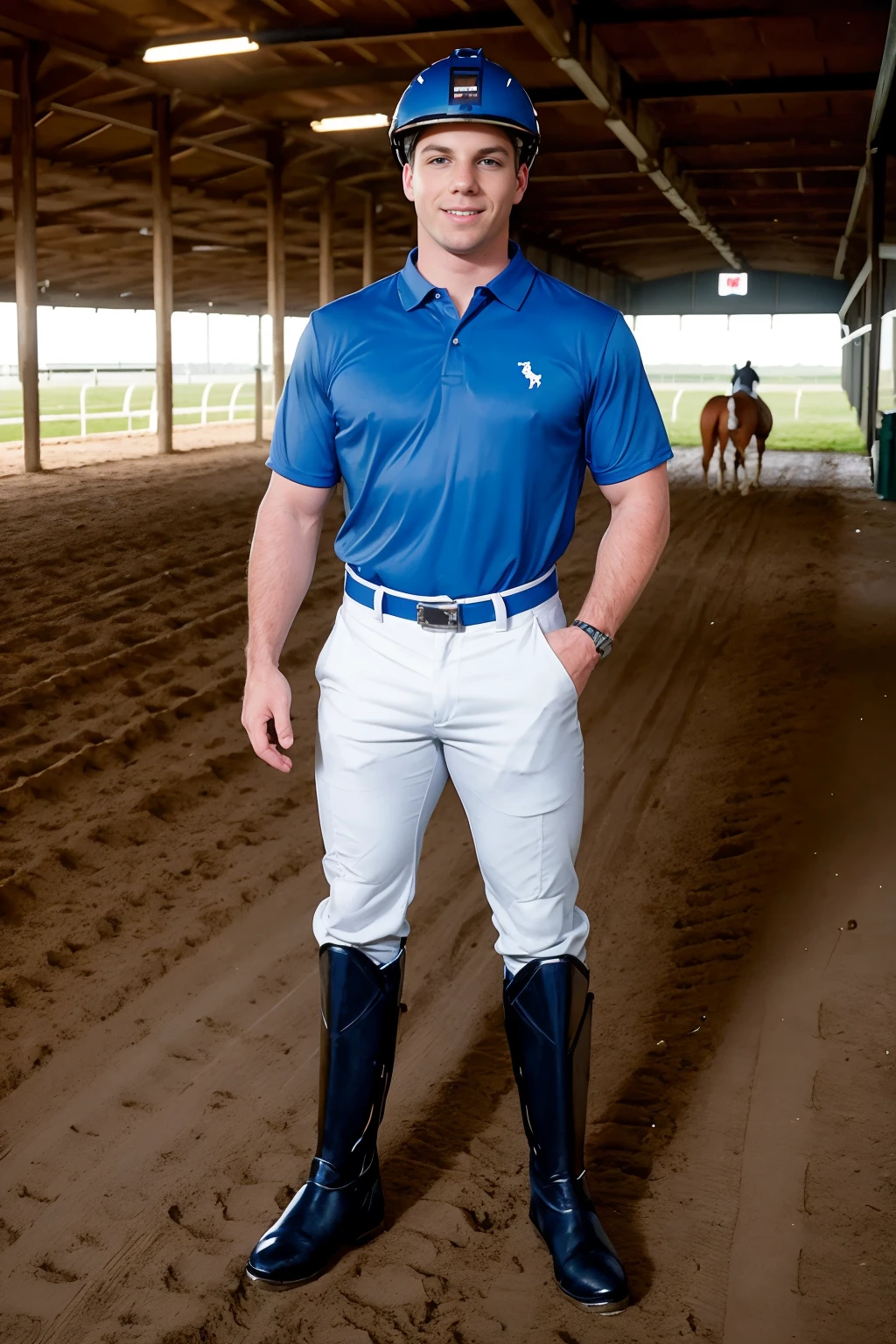 stables of horse racetrack, standing, smiling, DougAcre, (horse jockey uniform), blue shirt, white pants, black horse riding boots, horse jockey helmet, male focus, (((full body portrait))), wide angle <lora:DougAcre:0.8>