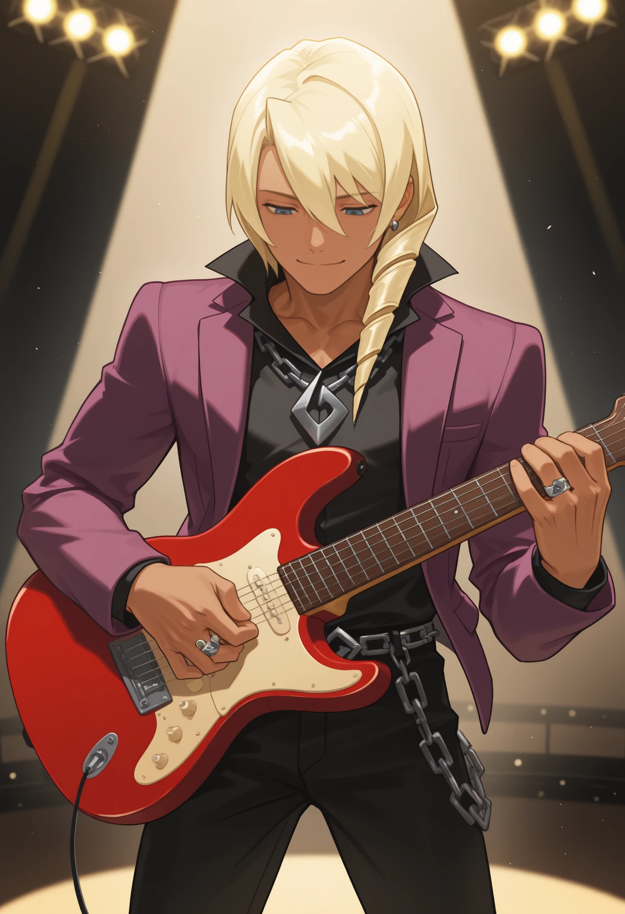 masterpiece, best quality, male focus, solo, 1boy, klvgv, dark-skinned male, smile, looking down, standing, holding guitar, electric guitar, playing instrument, blonde hair, hair between eyes, drill hair, hair over shoulder, blue eyes, purple jacket, open jacket, long sleeves, black shirt, collared shirt, popped collar, black pants, belt, earrings, chain necklace, ring, stage, spotlight
<segment:yolo-Anzhc Face seg 640 v2 y8n.pt,0.4,0.5//cid=1>