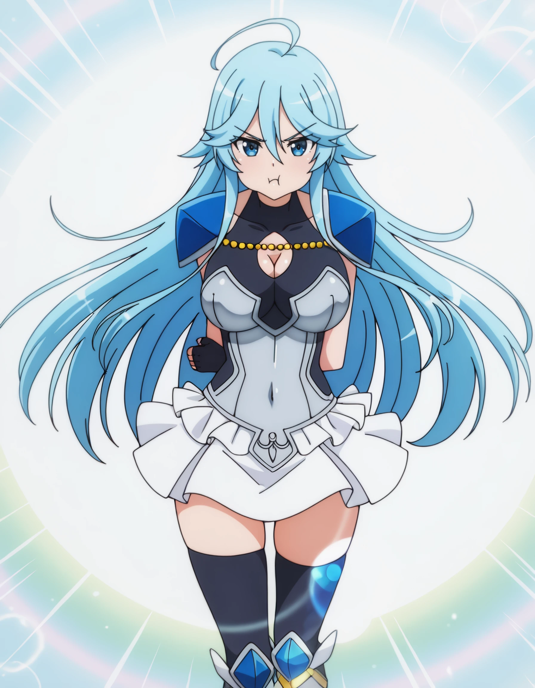 <lora:louise_balze_il:1> louise_balze, long_hair, blue_hair, ahoge, blue_eyes, , shoulder_armor, cleavage, cleavage_cutout, armor, skirt, zettai_ryouiki, black_thighhighs, boots, fingerless_gloves, hair_between_eyes, 1girl, :t, arms_behind_back, ass_visible_through_thighs, blue_theme, breasts, cleavage, collarbone, covered_nipples, hand_on_own_elbow, large_breasts, looking_at_viewer, monochrome, navel, pout, solo, split_mouth, stomach, white_background, lens_flare, sumi-e, foreshortening, masterpiece, detailed, best_quality