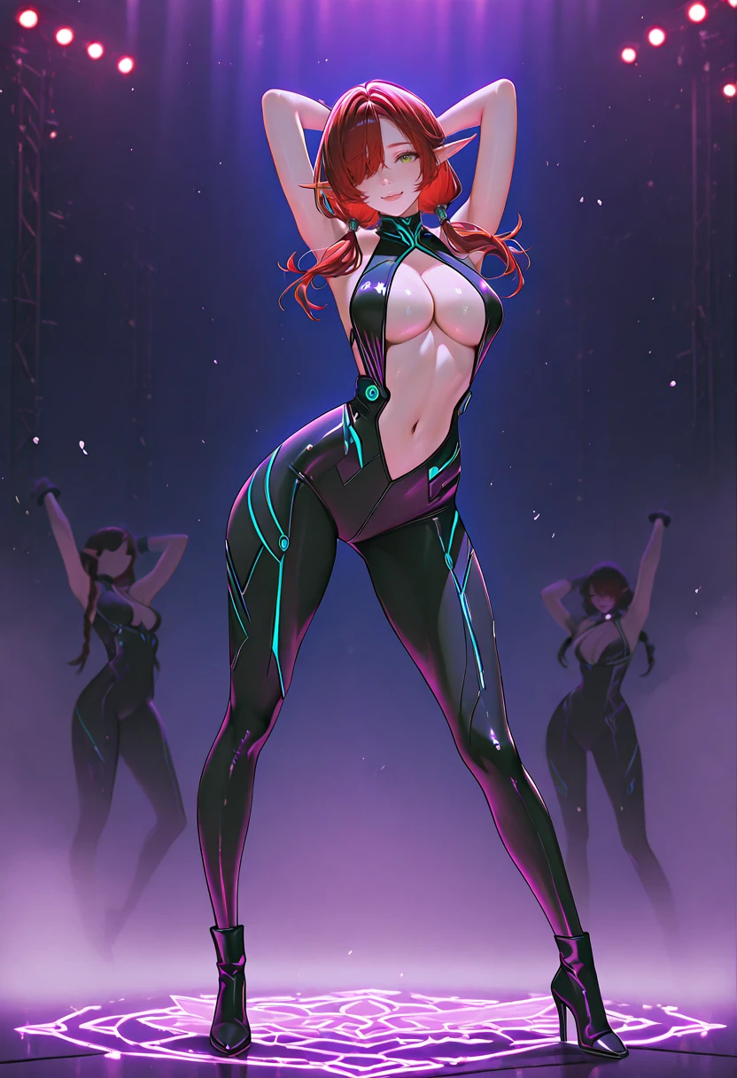 1girl, solo, (Mature Elf Female: 1.3), (Long Red hair over one eye in pigtails: 1.3), (Thicc Thighs: 0.7), (Thicc Calves: 0.7), (Big Ass: 0.8), (Slightly Plump: 0.7), tall, Curvy,  (Medium breasts: 1.3), (Black Skintight Halter, sleeveless, cleavage, navel, slingshot, bodysuit with high heel boots: 1.3), (Standing, Dancing, legs spread, hands behind head, contrapposto, Dynamic Pose, in a large dance club surrounded by spotlights, neon lights, strobe lights, dark atmosphere: 1.3, multiple people dancing, fog on the ground), (Straight-on: 1.7), Full body Shot: 1.3, Eyes Open: 1.3, Dark Lighting, highly detailed masterpiece, High_Resolution_Textures, (stunning design:1.2), (stunning concept design), Intricately_Detailed_design, Legendary_masterpiece, Realistic_texturing, ultra_soft_texturing, Complex_texturing, Insanely_Flawless_Details, Legendary_Details, Full_Color_scheme, Detailed_color_scheme, Complex_colors, Complex_details <lora:StS-Illustrious-Detail-Slider-v1.0:4.5> <lora:thicc_v1.4-pony:0.6> <lora:Earthbound_Oversized_Sleep_Shirt_-_IllustriousXL:1>