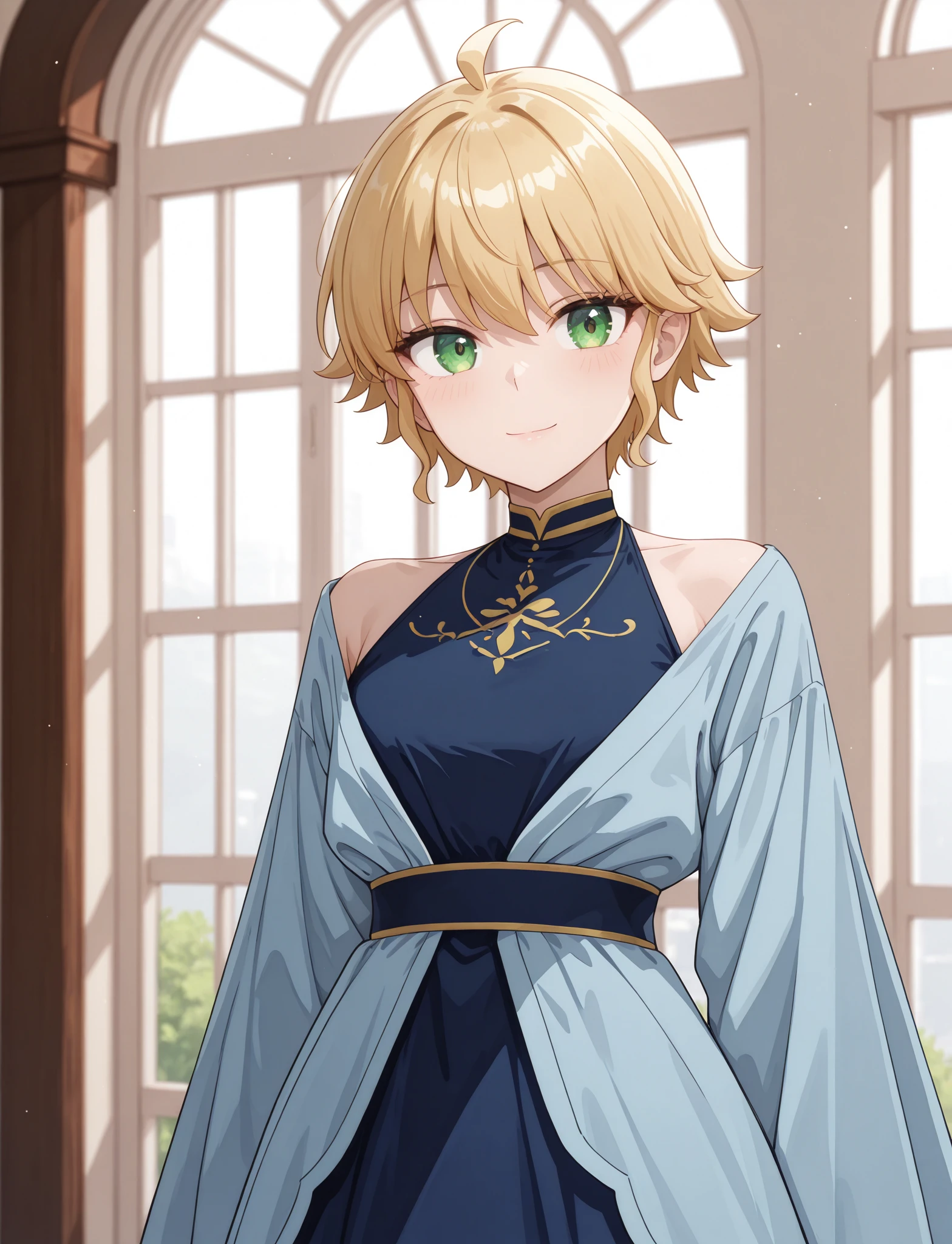 masterpiece, best quality, newest, absurdres, highres, 1girl, solo, <lora:MLF-Yuno_ILL_epoch_10:1> yuno-mlf, blonde hair, green eyes, short hair, ahoge, tomboy, 
dr3ss, dress, dark blue dress, looking at viewer, light blush, light smile, cowboy shot,