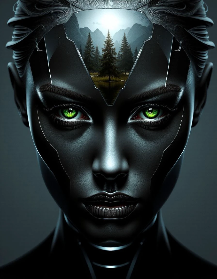 double-exposure. This is a highly detailed, digital artwork featuring a futuristic, surreal portrait of a woman. The subject is rendered in a hyper-realistic, glossy style with a metallic, almost mirror-like texture. Her face is a blend of human and digital elements. The woman's skin is a dark, reflective silver, giving her an otherworldly appearance. Her eyes, which are a striking, realistic green, are the focal point, reflecting a serene natural scene of a forest and a lake.<lora:razor-exposure:1>