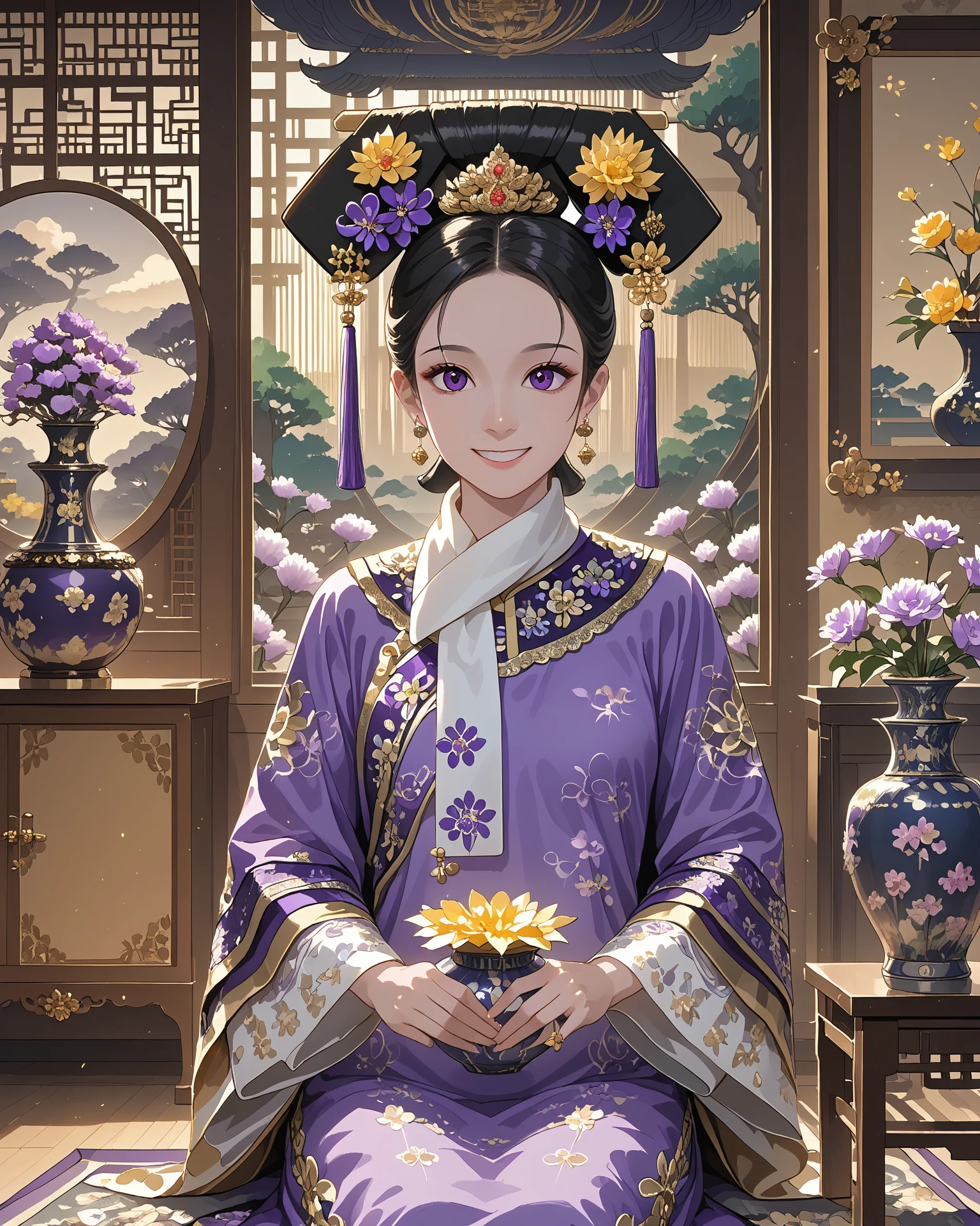 1girl, qingfa, (qingfa scarf), holding a vase, ornate clothing, flowers, asian sitting room, wood panel wall, purple clothing, gold accents, light_smile, intricate patterned fabric, brocade, jacquard fabric, masterpiece, highest quality, absurdres, digital art, very detailed, score_9, score_8_up, score_7_up, evening,   <lora:CMRNM:1> CMRNM,  <lora:QingFashion_XL_V3:1>