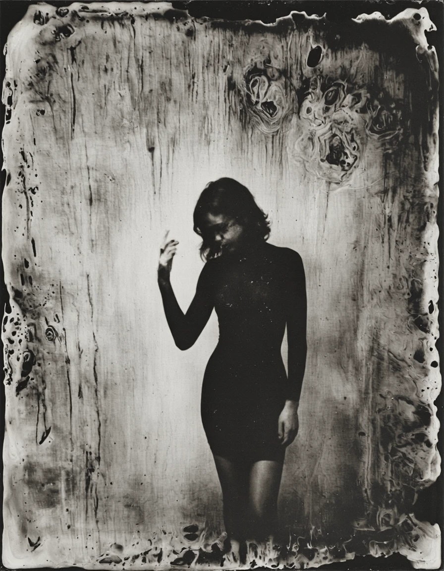 wetplatecollodion photo of woman wearing bodycon dress,
border, swirls, washed out, textured, smears, monochrome