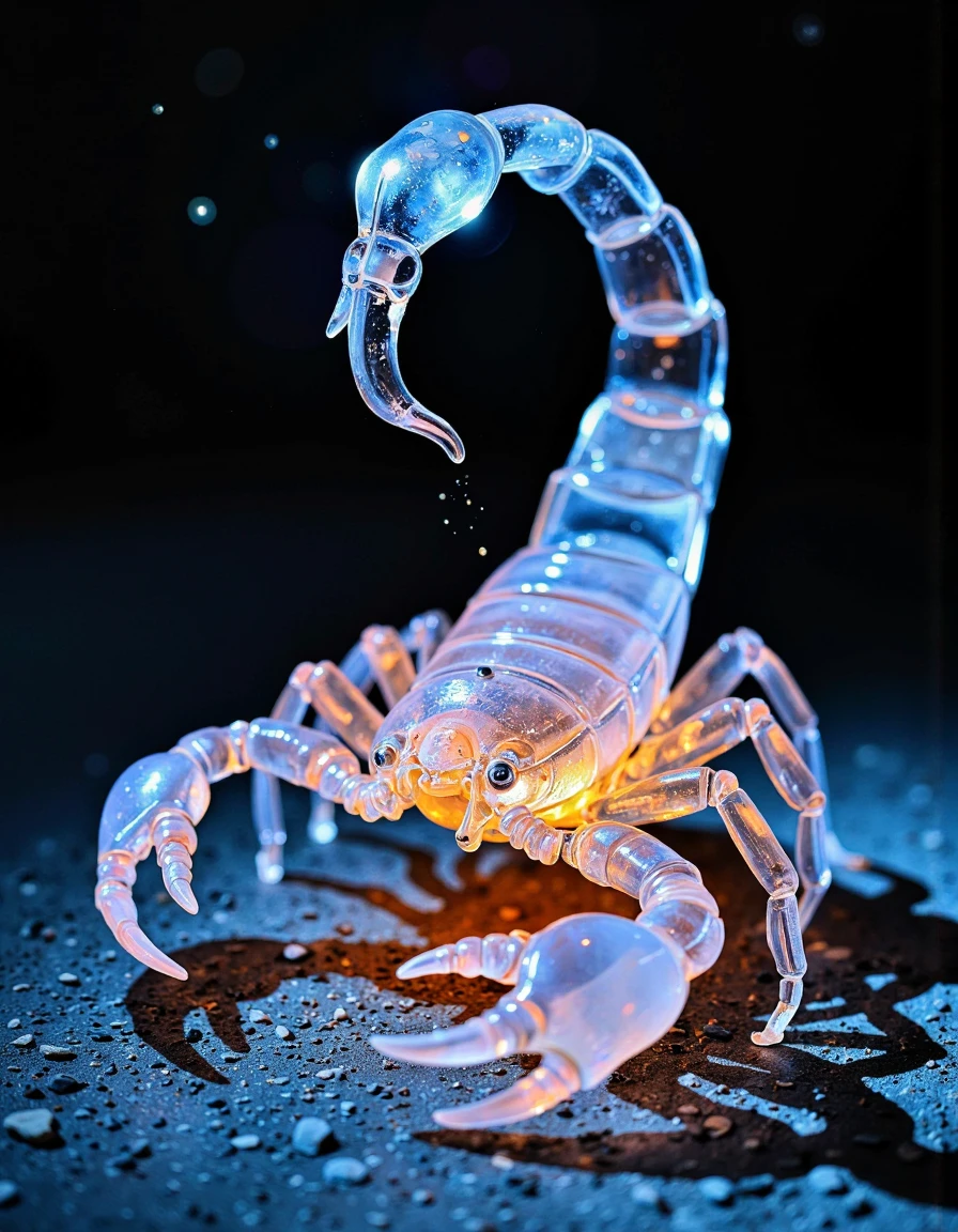 a beautiful photograph of a translucent glass Scorpio that glows within, glowing lights, beautiful desert waterfall, made out of transparent delicate glass, magical sparkles, vibrant whimsical colors, magnificent, celestial, ethereal, epic, majestic, magical, dreamy, highly detailed. <lora:Exogenous:1>