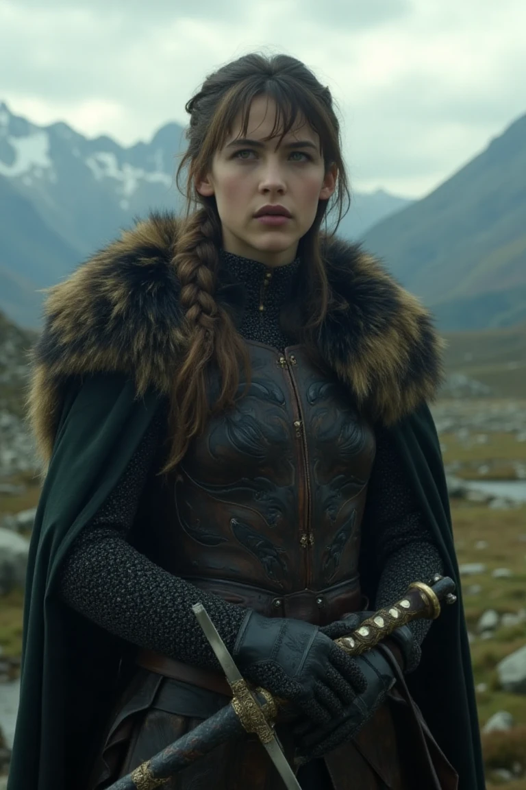 Create a hyper-realistic portrait of a regal woman inspired by the "Game of Thrones" aesthetic, but dressed in battle-ready attire. She stands in a windswept mountain pass, her armor gleaming under the muted sunlight. Her outfit combines elegance with practicality: a fitted leather cuirass adorned with intricate carvings of wolves and stars, layered over chainmail. A dark cloak with a fur-trimmed collar billows behind her, hinting at her noble lineage. Her hair is tied back in a loose braid, with small strands framing her strong, determined face. She carries a finely crafted longsword at her side, its hilt encrusted with subtle gemstones. Her piercing gaze reflects both beauty and unyielding strength. The scene is detailed with rugged terrain, distant snow-capped peaks, and the faint howl of the wind, evoking an air of mystery and power