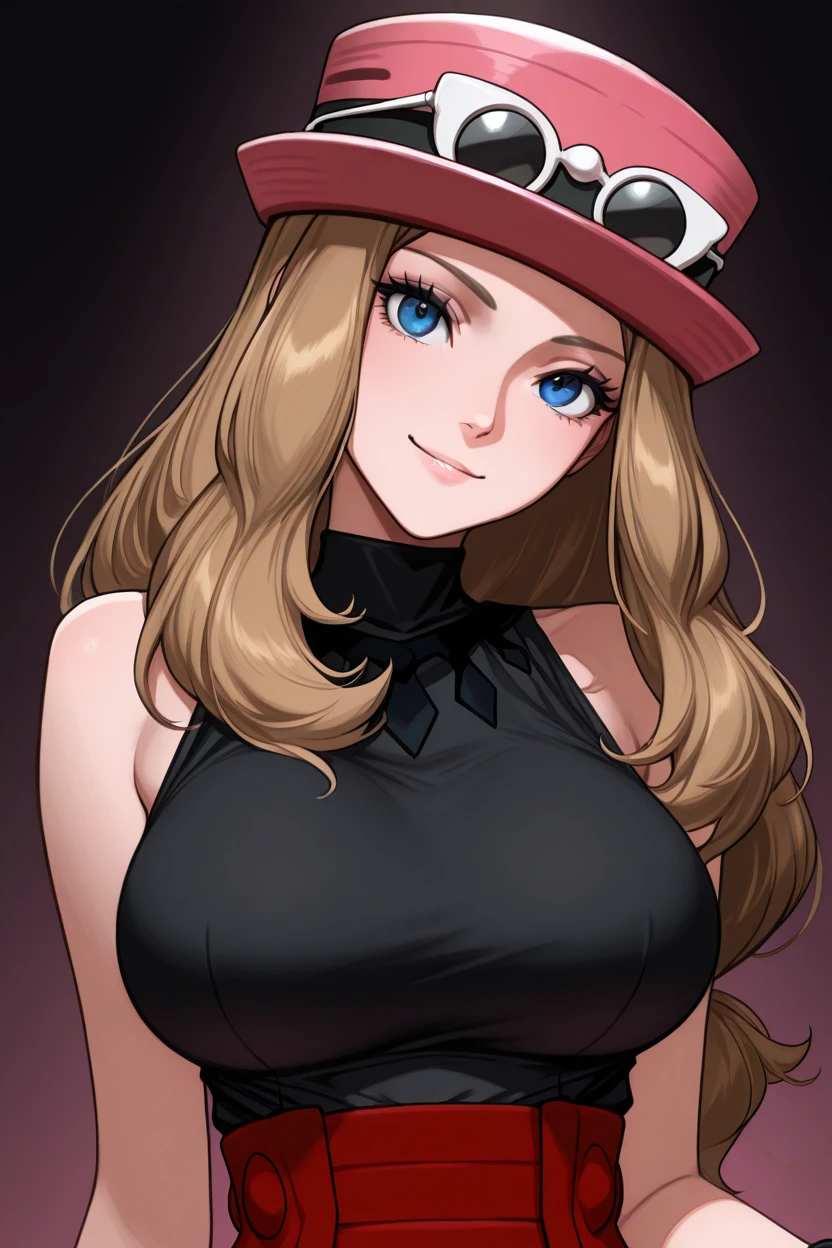 masterpiece, best quality, 1girl, solo, eyelashes, (beautiful eyes),   zzSerena, solo, long hair, blue eyes, eyewear on headwear, pink headwear, eyelashes, sleeveless shirt, black shirt, bracelet, high-waist skirt,   looking at viewer, smile, bangs, large breasts,  upper body, head tilt, <lora:SerenaPokemonIXL_v2:1.0>,  ,<lora:TarakanovichIXL_v2:1.0>,