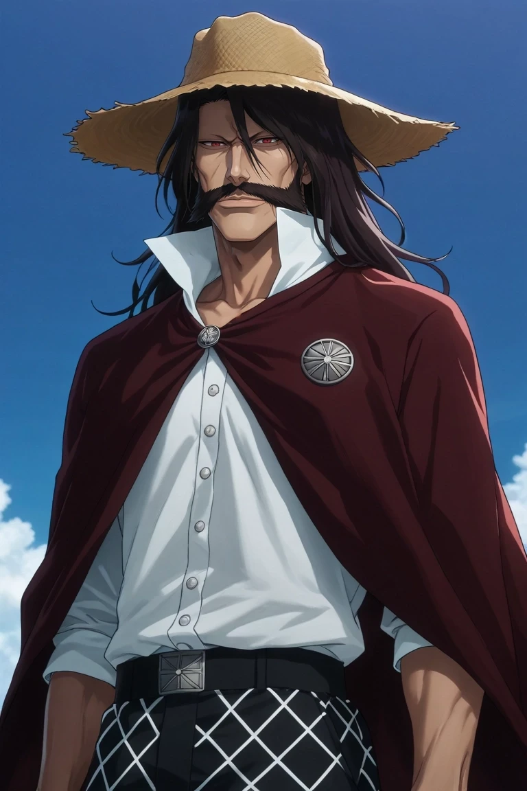 score_9, score_8_up, score_7_up, source_anime, rating_safe, intricate details, anime screencap, anime coloring, official style, , , 1boy, solo, male focus, <lora:yhwach_bleach_pony:1>, yhwach_bleach, black hair, red eyes, facial hair, long hair, mustache, beard, cape, , Swim trunks, Argyle Olive Raglan shirt, Chukka sneakers, Sun hat, and, <lora:sdxl_lightning_8step_lora:1>