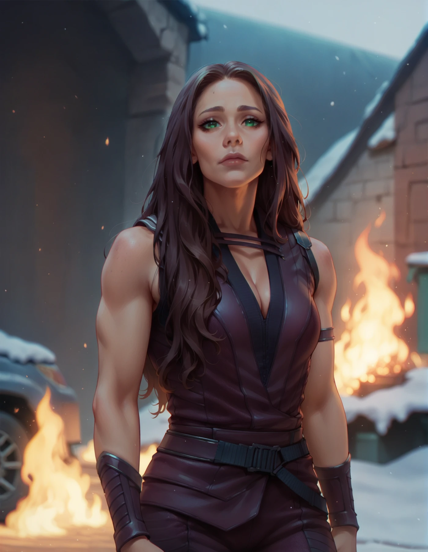 woman, standing, character concept, sleeveless, looking at the viewer, fire, snow<lora:Elektra:0.8> elektra, solo, green eyes, closed mouth, score_9, score_8_up, score_7_up, score_6_up, 2d, digital art, masterpiece <lora:Expressive_H:0.4> expressiveh <lora:princess_xl_v2:0.3> <lora:g0th1c2XLP:0.3> g0th1c