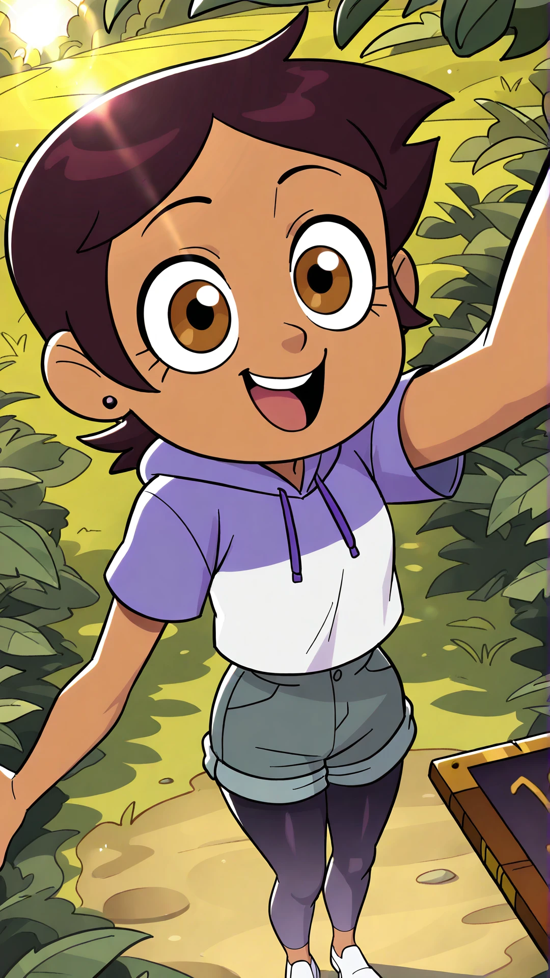 theowlhouse_luz, ((masterpiece, best quality, absurdres)), ((1girl, solo, short hair, brown hair, brown eyes, dark skin)), ((stud earrings, purple and white hoodie, short sleeves, grey shorts, slate leggings, leggings under shorts, white shoes)), ((smile, open mouth, standing)), ((outdoors, nature, sun flare, from above)), <lora:theowlhouse_luz-step00003800:1>