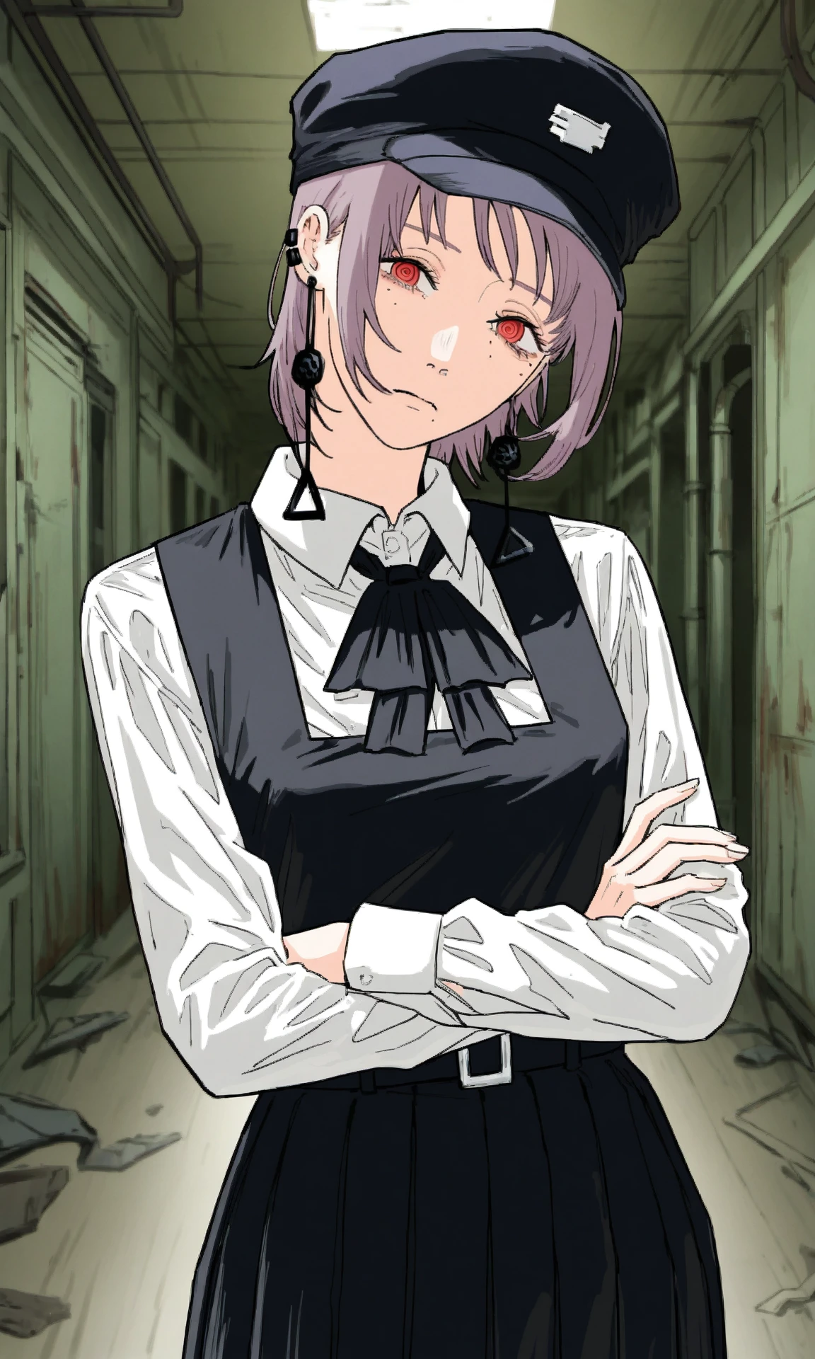 fami \(chainsaw man\), 1girl, short hair, red eyes, purple hair, tassel earrings, ringed eyes, goodearrings, ear piercing, pinafore dress, school uniform, military hat, collared shirt, neck ribbon, sleeveless dress, crossed arms, head tilt, hallway, indoors, abandoned, factory, industrial, looking at viewer, (skinny:0.5), (masterpiece, best quality, very awa:1.0), recent, year 2024