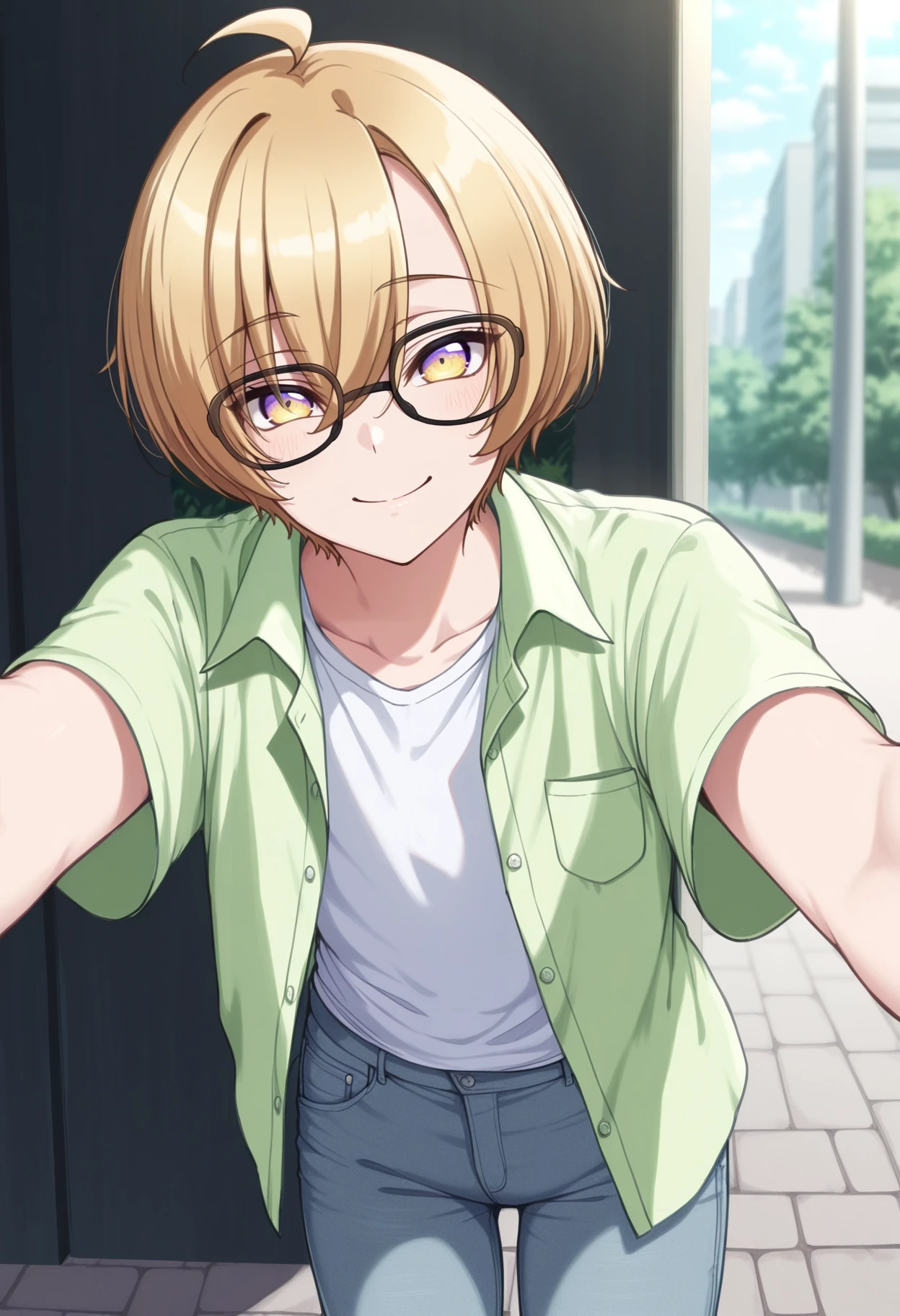 masterpiece, best quality,1boy, <lora:NSIzumiSenaLoveStage:1>, NSIzumiBase, multicolored eyes, yellow eyes, purple eyes, blonde hair, long bangs, short hair, ahoge, glasses, green shirt, open shirt, white t-shirt, short sleeves, jeans, looking at the viewer, incoming hug, smile, cowboy shot, outdoors