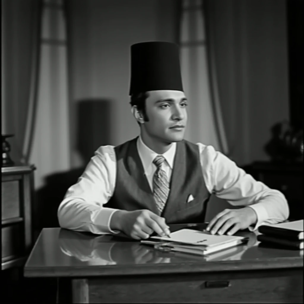 cinematic film still of  <lora:Mohammed Abdel Wahab v1:0.9>
Mohammed Abdel Wahab a young man in fez tarboosh hat sitting at a desk with a book and pen, Mehammad Abdelwehab style, solo, shirt, hat, monochrome, greyscale, necktie, blurry, photorealistic, formal, shallow depth of field, vignette, highly detailed, high budget, bokeh, cinemascope, moody, epic, gorgeous, film grain, grainy