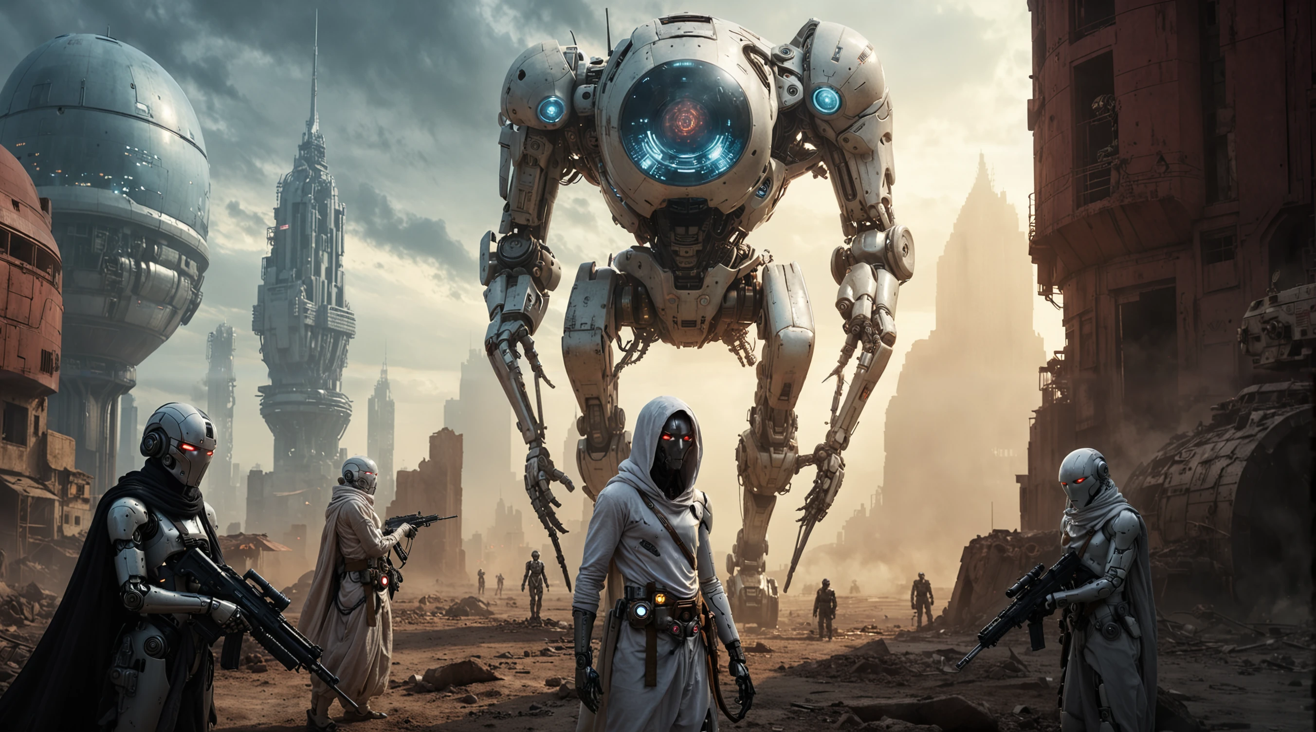 (ultra high definition) (finely intricate details:1.4)  albino gloomy photography of  a futuristic cityscape with a large robot in the center. The robot is made up of multiple arms and legs, with a round head and two large eyes. It is standing on a rocky terrain with buildings and skyscrapers in the background.\n\nIn front of the robot, there are four soldiers wearing helmets and holding guns. The soldiers are standing in a line, facing the robot. They appear to be in a battle-ready stance, ready for battle. The sky is cloudy and the overall mood of the image is tense and ominous.