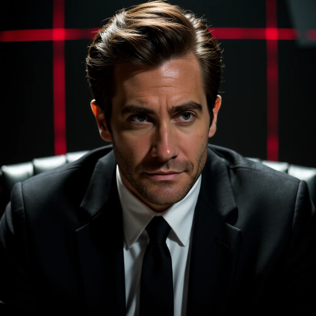 Midjourey, Jake Gyllenhaal as a suave secret agent in a high-stakes mission, framed in an intense action close-up. He wears a perfectly tailored black suit with a slim tie, a small earpiece glinting in his ear. A single bead of sweat rolls down his temple, his piercing gaze focused and determined. The dimly lit background reveals a shadowy room with a high-tech surveillance setup, faint red laser beams crossing his silhouette. Dramatic lighting highlights the tension, with sharp details and cinematic framing evoking a spy thriller aesthetic.