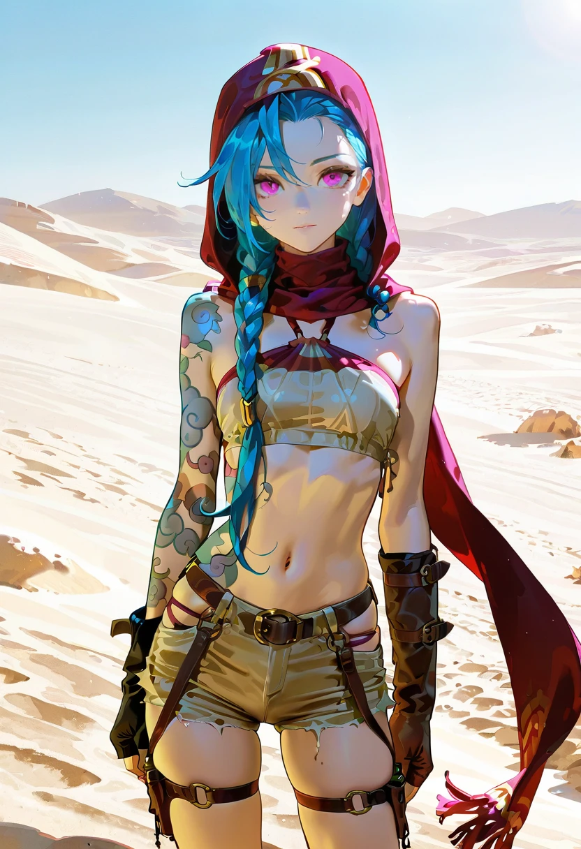 1girl,solo,looking at viewer,ikeda ruriko, desert, hood, shorts, scarf,midriff,halter top, jinx_(league_of_legends)