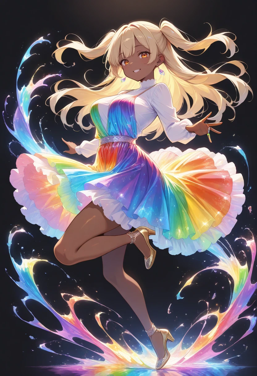 masterpiece, best quality, perfect anatomy, very aesthetic, ((outlined outlined vector graphics)),no norm, , cute face, (glow eyes:0.8), glittering, glimmering,side view, black background, rainbow ring, looking at viewer,full body ,rainbow splash, rainbow water, 20yo, (large breast:1.2), orange eyes, (blonde hair:1.3),long hair, (two side up:1.1), (dark skin:1.6), dark skin girl, (tall:1.2), (abs:0.7),bangs, rainbow dress, dress, action pose, smile,happy, half open eyes , long sleeve, jewelry, earrings, parted lips <lora:rainbow-dress-il-01:1>