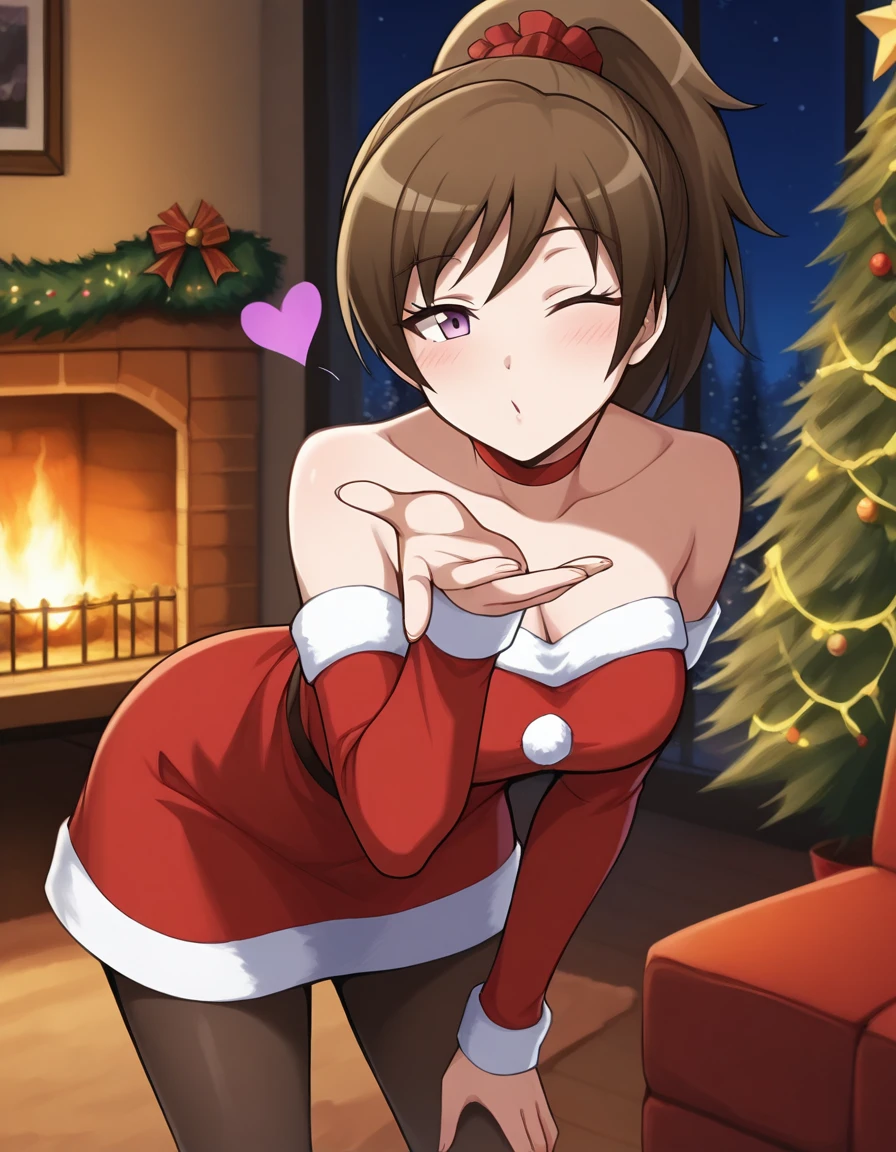 masterpiece, best quality, 1girl, <lora:Toka_Yada_IL_v2:1>, yadatoka, brown hair, high ponytail, purple eyes, red scrunchie, christmas, santa dress, red choker, red dress, strapless dress, collarbone, cleavage, detached sleeves, fur trim, pantyhose, looking at viewer, half-closed eyes, one eye closed, blowing kiss, blush, heart, leaning forward, hand on own knee, christmas tree, christmas lights, fireplace, living room, night