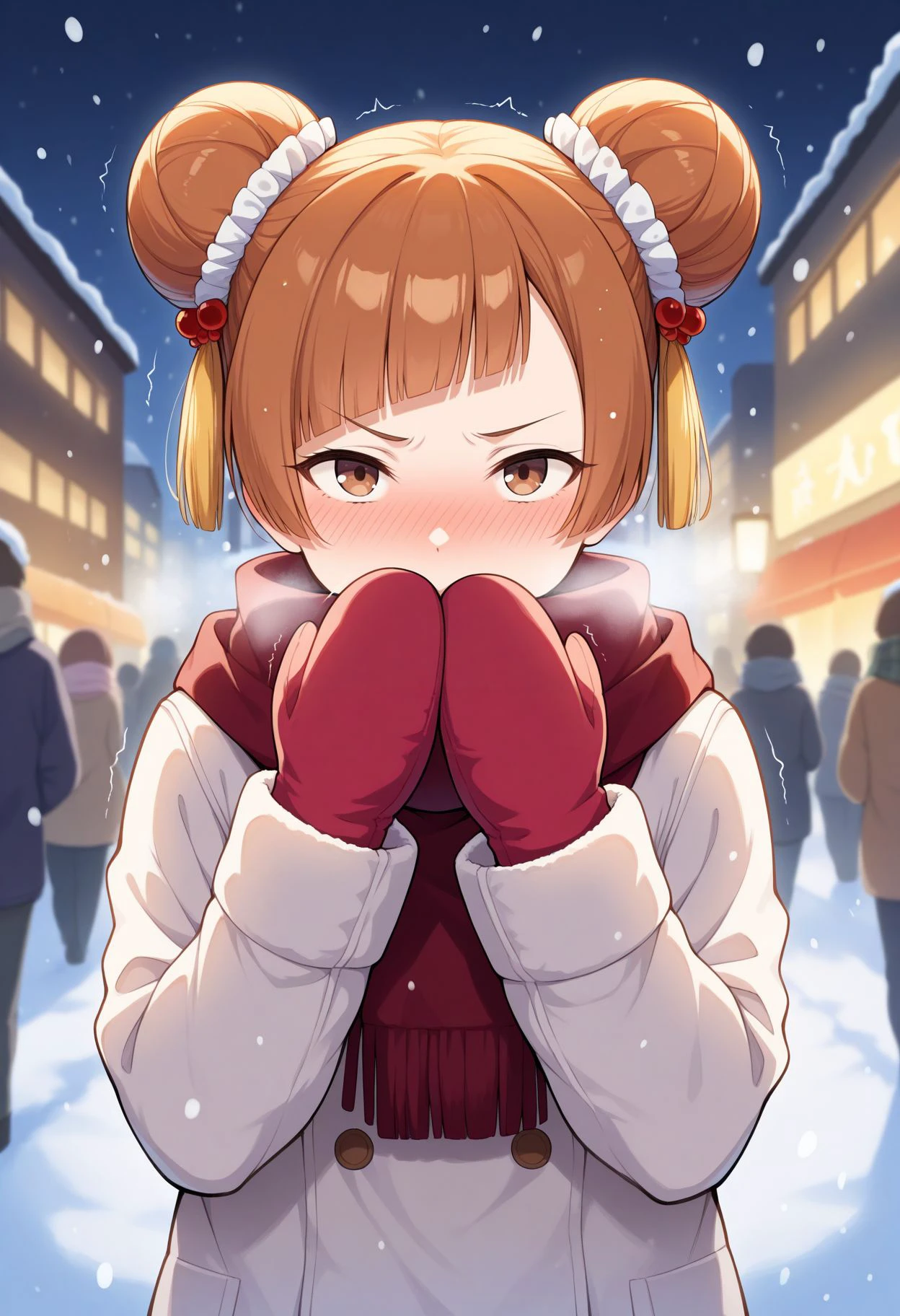 masterpiece, best quality, looking at viewer, ),   <lora:Lauffen illu:1> ,short hair,double bun,blunt bangs,hair ornament,brown eyes, scarf, street, winter clothes, snow, nose blush, snowing, blush, trembling, mittens, sneezing