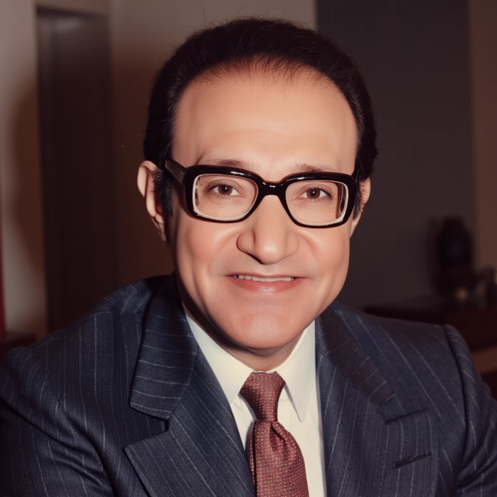 <lora:Mohammed Abdel Wahab v1:1>
1970's Mohammed Abdel Wahab a eyeglasses middle aged man in a suit and tie posing for a picture, Mehammad Abdelwehab style, solo, looking at viewer, black hair, necktie, glasses, formal, suit, black-framed eyewear, real life insert, smile