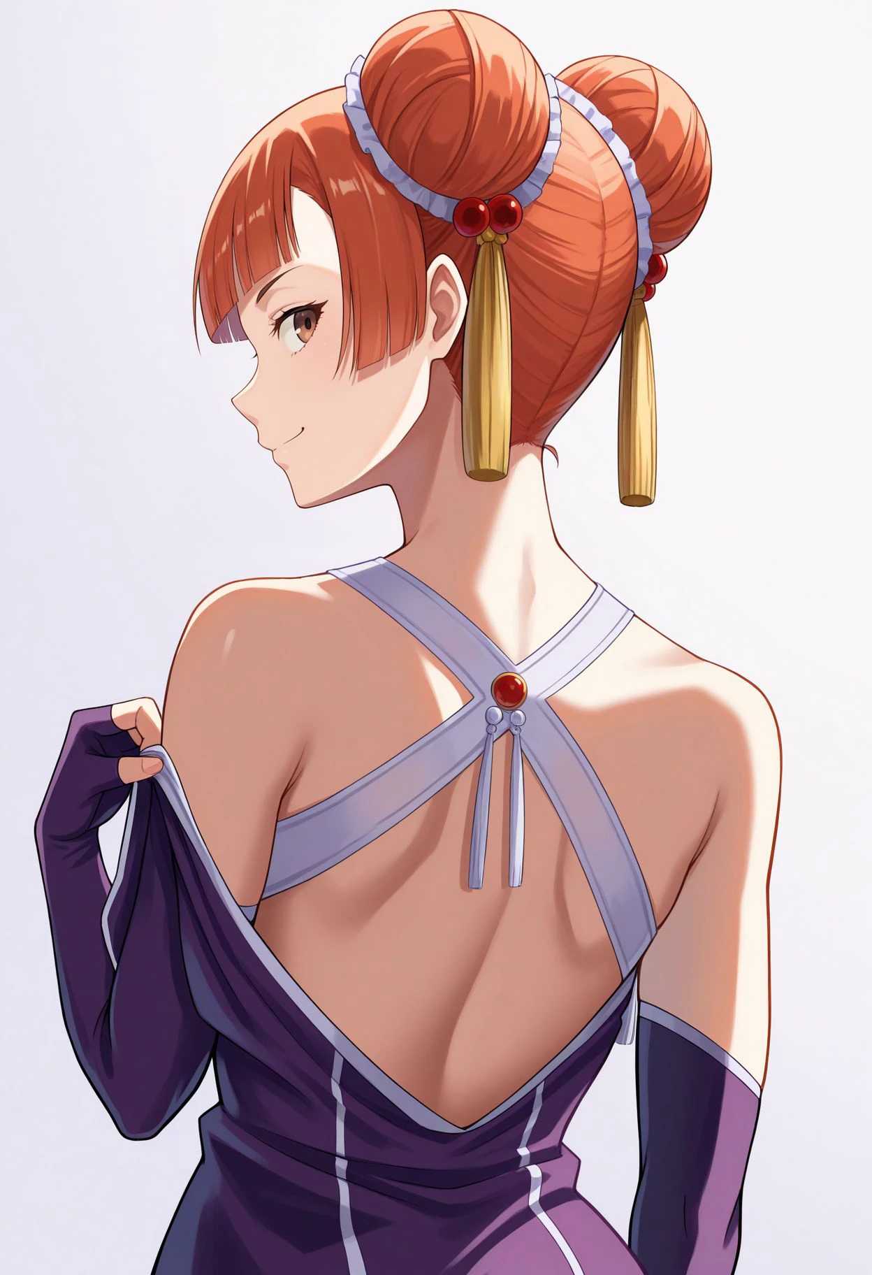 masterpiece, best quality, looking back, from behind, , off shoulder, bare shoulders, upper body, profile, undressing, bare back, smile, closed mouth, white background, glowing,
 <lora:Lauffen illu:1> laufen,short hair,double bun,blunt bangs,hair ornament,brown eyes,bare shoulders,halterneck,ribbon,dress,purple dress,sleeveless,elbow gloves,purple gloves,fingerless gloves,boots,knee boots