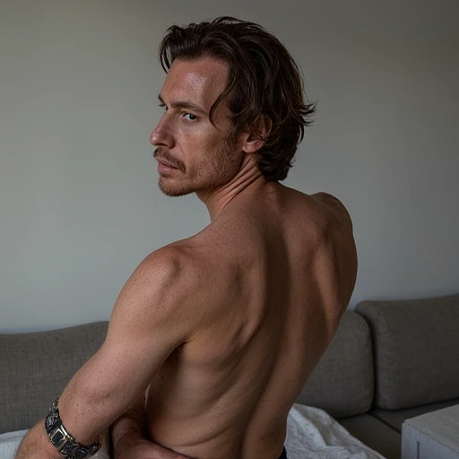there is a mature hot daddy standing in a living room, taken in the early 2020s, (12x) white skin, not wearing many clothes, very very very hairy male chest, wearing nothing, hot daddy, partially male hairy torso, very hunky, beefy, 50 years old. grey beard, large chest, very furry chest