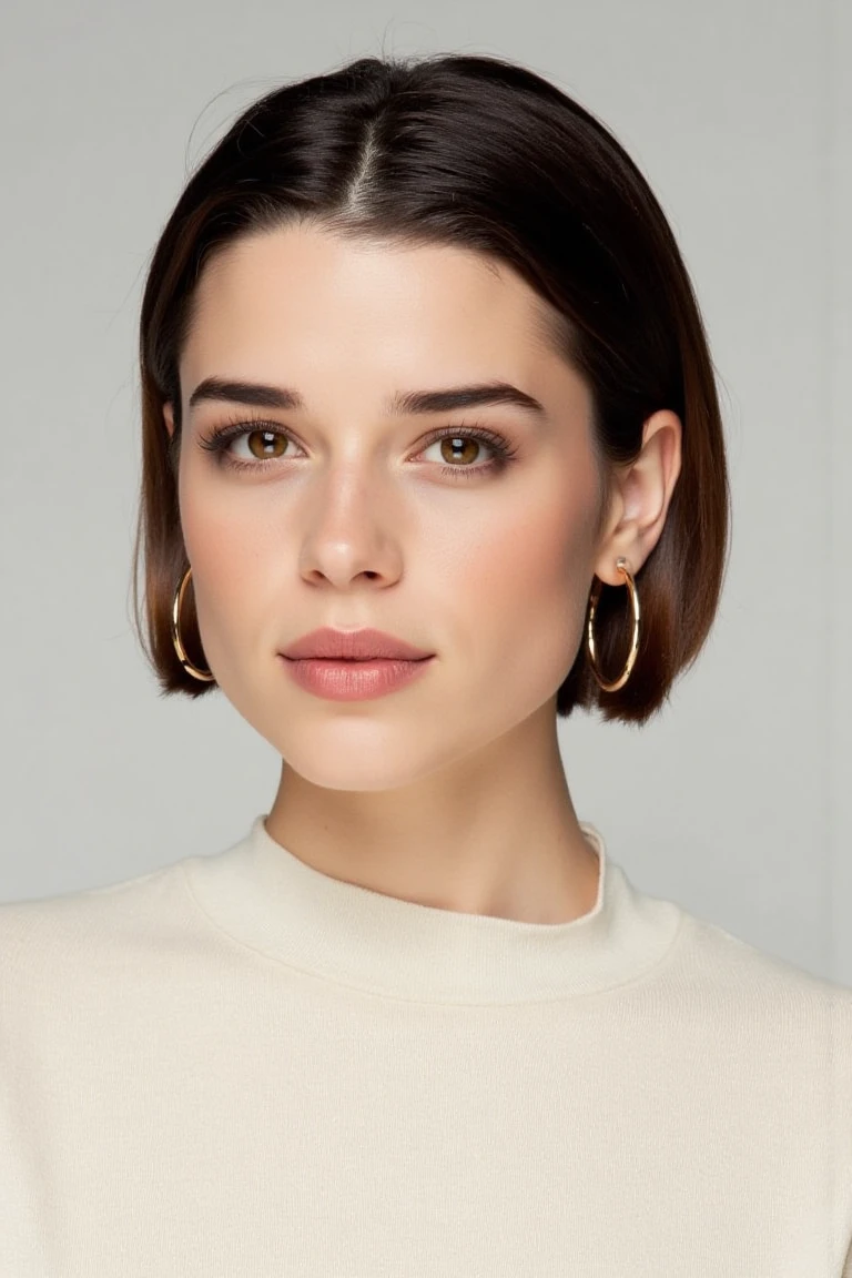 "A clean, minimalist portrait of a confident woman with striking eyes and a calm expression. She is wearing a light-colored sweater and gold hoop earrings that add a subtle touch of elegance. Her short hair is neatly styled in a sleek manner, complementing the simplicity of the composition. The soft, diffused lighting highlights her flawless skin and natural beauty, while the neutral background emphasizes her serene and sophisticated demeanor."