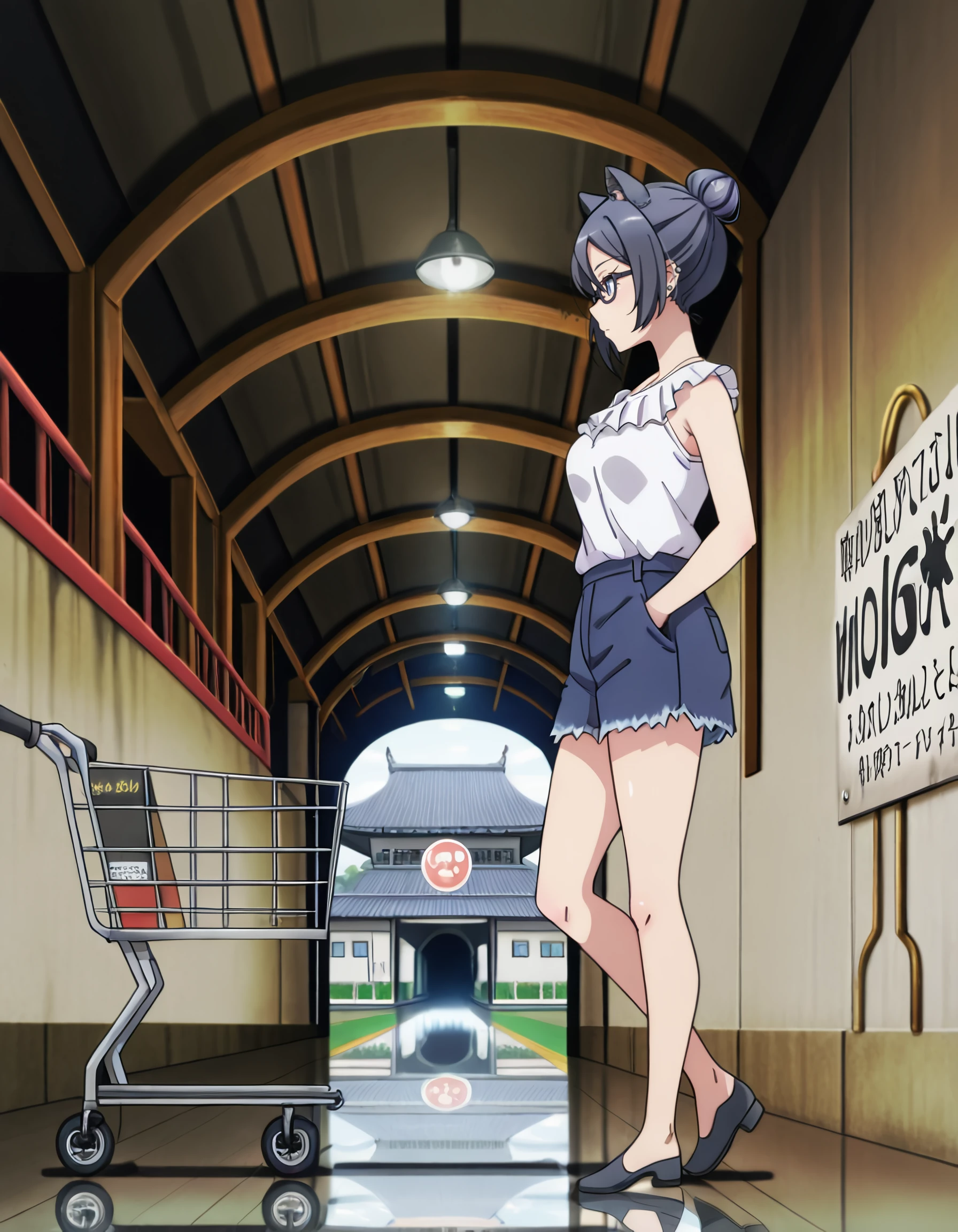 <lora:beatrice_roegner_il:1> beatrice_roegner, short_hair, black_hair, single_hair_bun, blue_eyes, semi-rimless_eyewear, glasses, skirt, sleeveless, white_shirt, 1girl, solo_focus,  1girl, against_wall, architecture, bicycle, breasts, ceiling_light, closed_mouth, cutoffs, ear_piercing, east_asian_architecture, graffiti, hand_in_pocket, heel_up, lion_ears, lion_girl, outdoors, piercing, puddle, reflection, reflective_water, shopping_cart, sign, small_breasts, solo, standing, tunnel, soccer_field, airport, masterpiece, detailed, best_quality