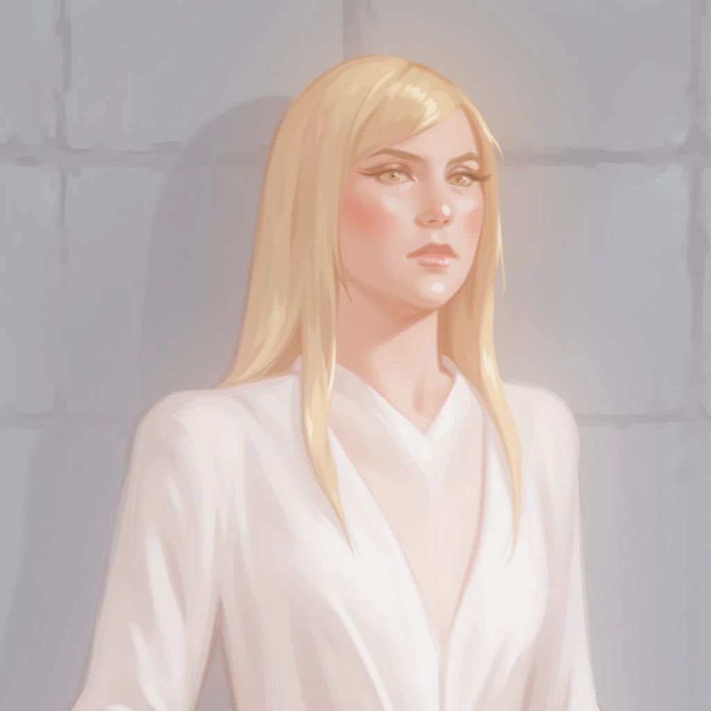 MisaMi \(Artist\), @MisaMi1362540, illustration of a woman with blonde hair, wearing a white off-the-shoulder bodysuit,  She has a neutral expression and is looking directly at the camera. The background is a plain, light grey wall.  The image has a high-quality, professional feel.