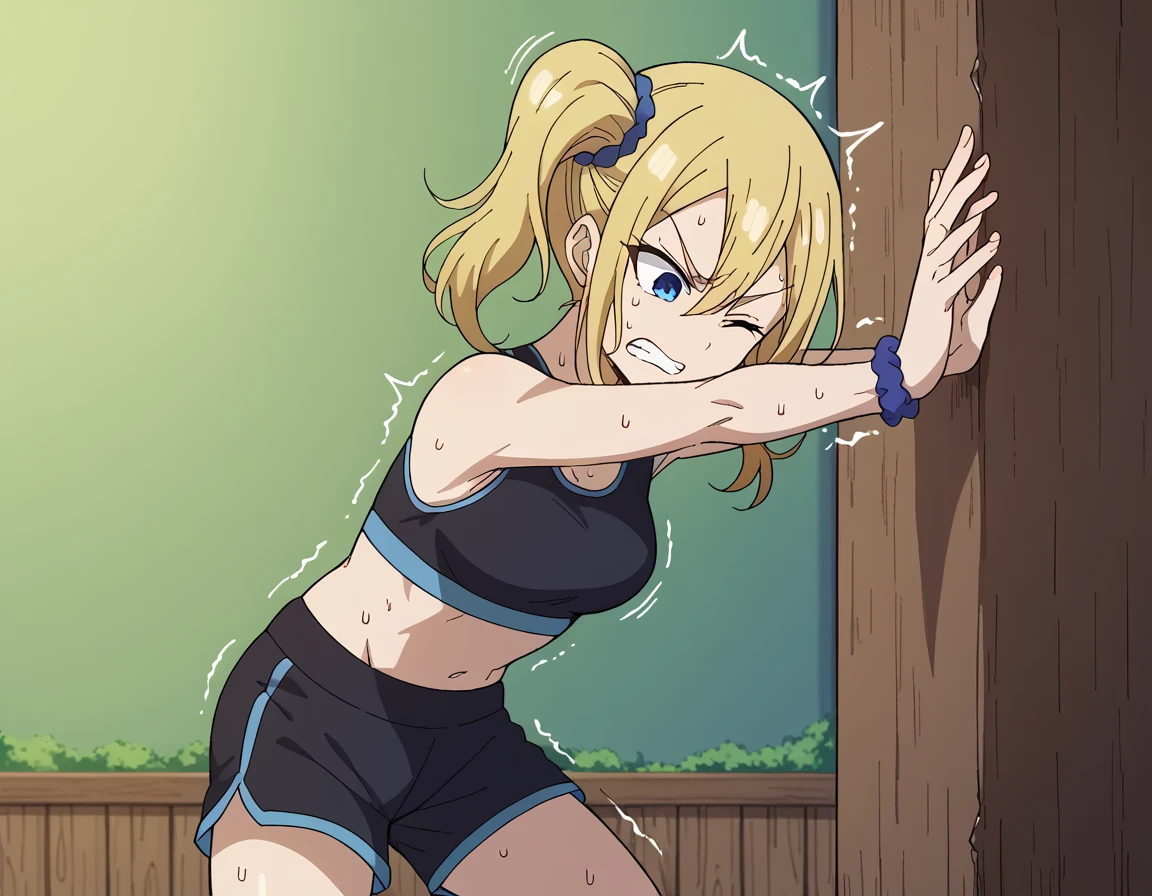 score_9, score_8_up, score_7_up, source_anime, <lora:ai-hayasaka-s3-ponyxl-lora-nochekaiser:1>, ai hayasaka, bangs, blue eyes, blonde hair, hair ornament, hair between eyes, sidelocks, side ponytail, scrunchie, hair scrunchie, blue scrunchie, medium breasts, <lora:pushing-ponyxl-lora-nochekaiser:1>, pushing, stretching, outstretched arms, against wall, from side, struggling, trembling, clenched teeth, sweat, exercise, one eye closed, sports bra, sportswear, midriff, navel, shorts, solo,