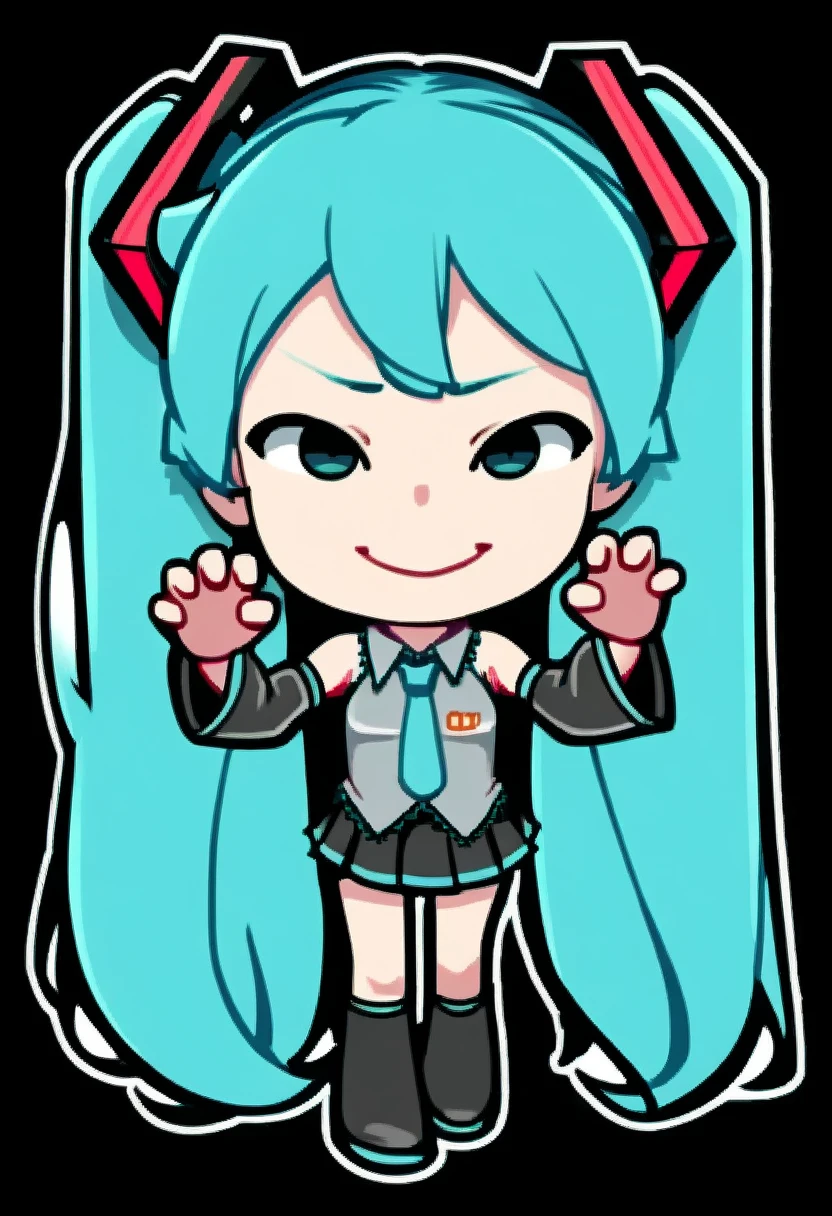 score_9, score_8_up, score_7_up, BREAK,
sticker, colorful, outline, chibi, simple background, black background,
1girl, solo, hatsune miku, aqua hair, :3, smug, detached sleeves, claw pose, standing, twintails, very long hair, pleated skirt, necktie,  <lora:EasyStickerPDXL_byKonan:1>