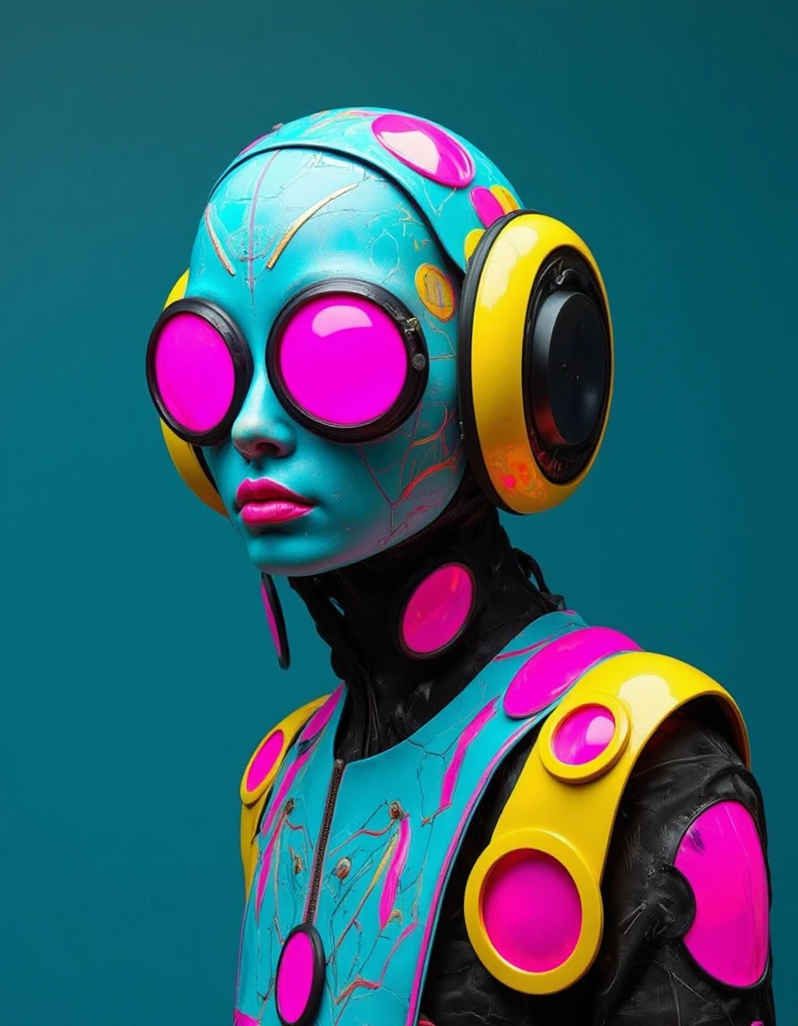 Studio_Punkji, The image is a digital art piece that appears to be a portrait of a person's head and upper body. The background is a deep blue color, and the focal point of the image is the person's face. The person is wearing a futuristic-looking outfit with a unique design. The outfit is made up of various geometric shapes and colors, including blue, pink, yellow, and black. The head is covered in intricate patterns and designs, including circles, squares, and rectangles. The eyes are large and round, with pink and blue accents. The mouth is slightly open, as if the person is looking directly at the viewer. The overall style of the outfit is futuristic and futuristic, with a mix of colors and textures. <lora:Studio_Punkji:1>